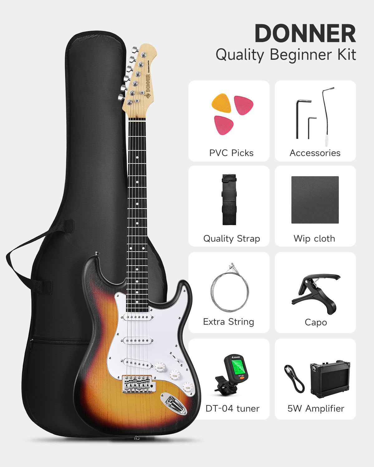 Donner DST-80 Sunburst Electric Guitar with Amplifier,Strap,String,Tuner,Cable,Capo and Pick-Sunburst##