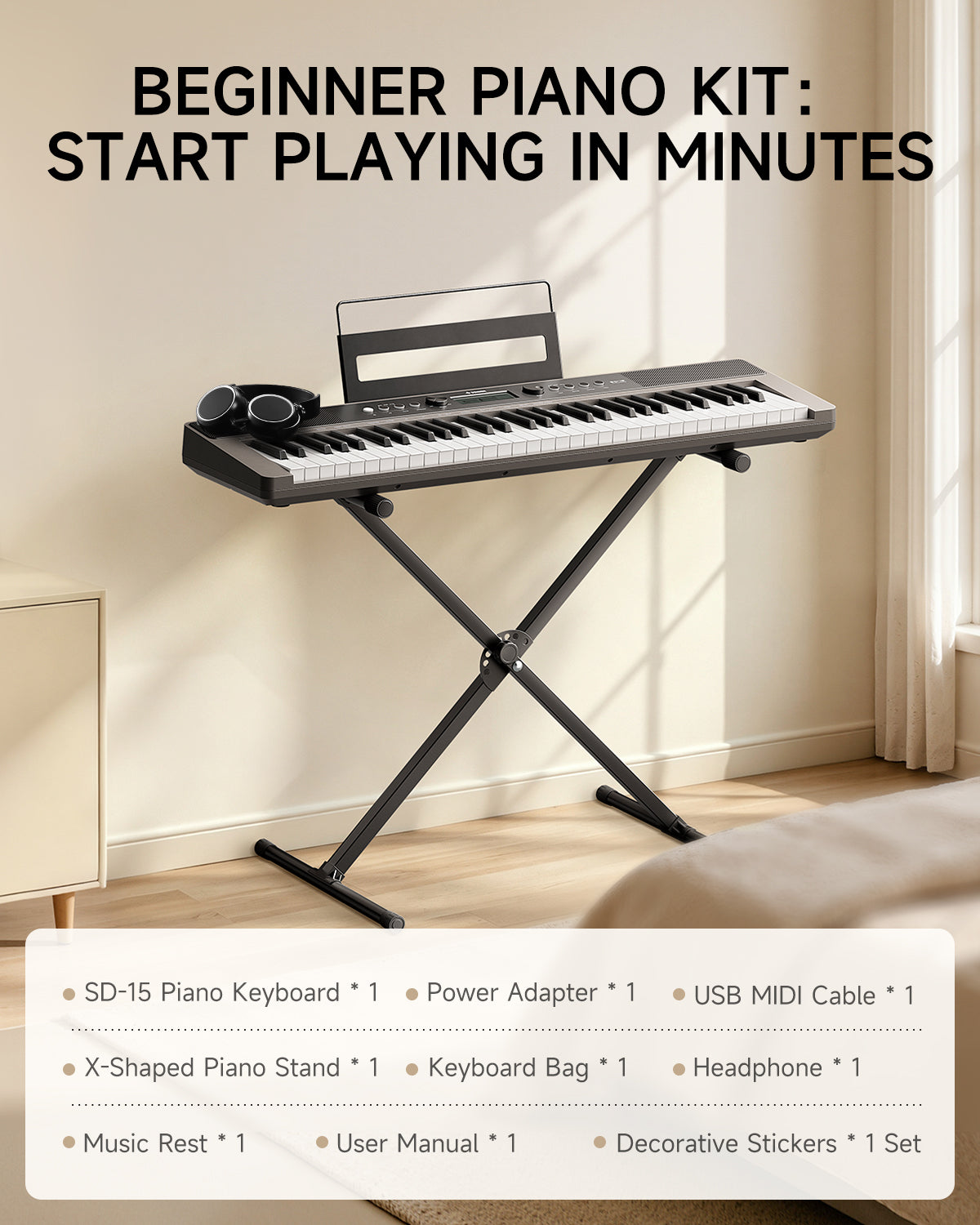 DONNER SD-15 61-Key Electronic Keyboard Set Gray