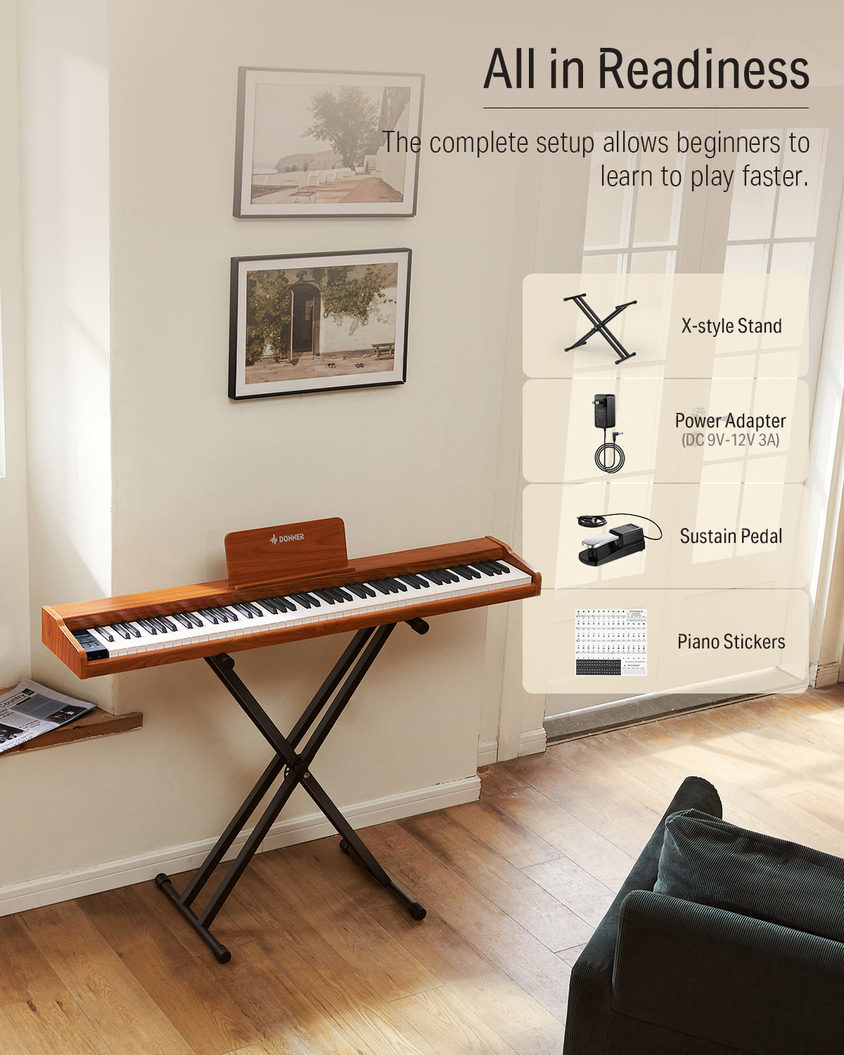 Donner DEP-1S Beginner Digital Piano Kit-Natural##