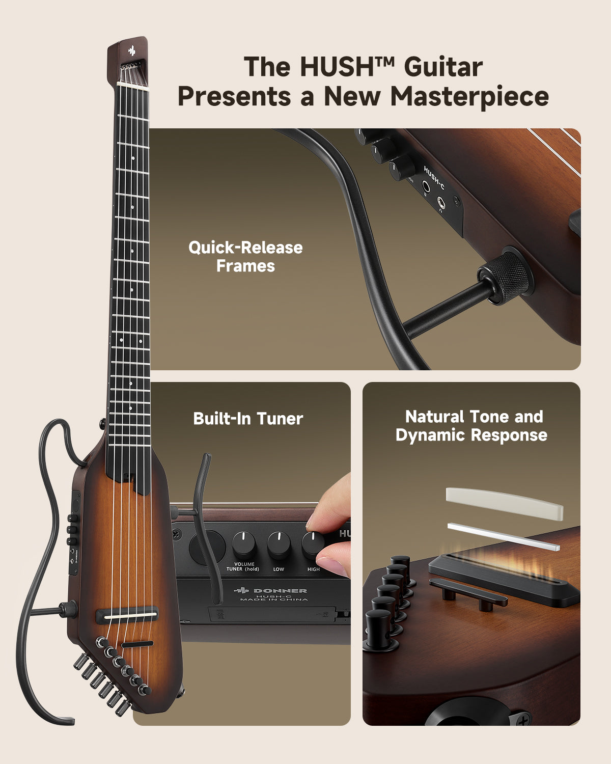 Donner HUSH™ C Classical Nylon String Guitars-Sunburst##