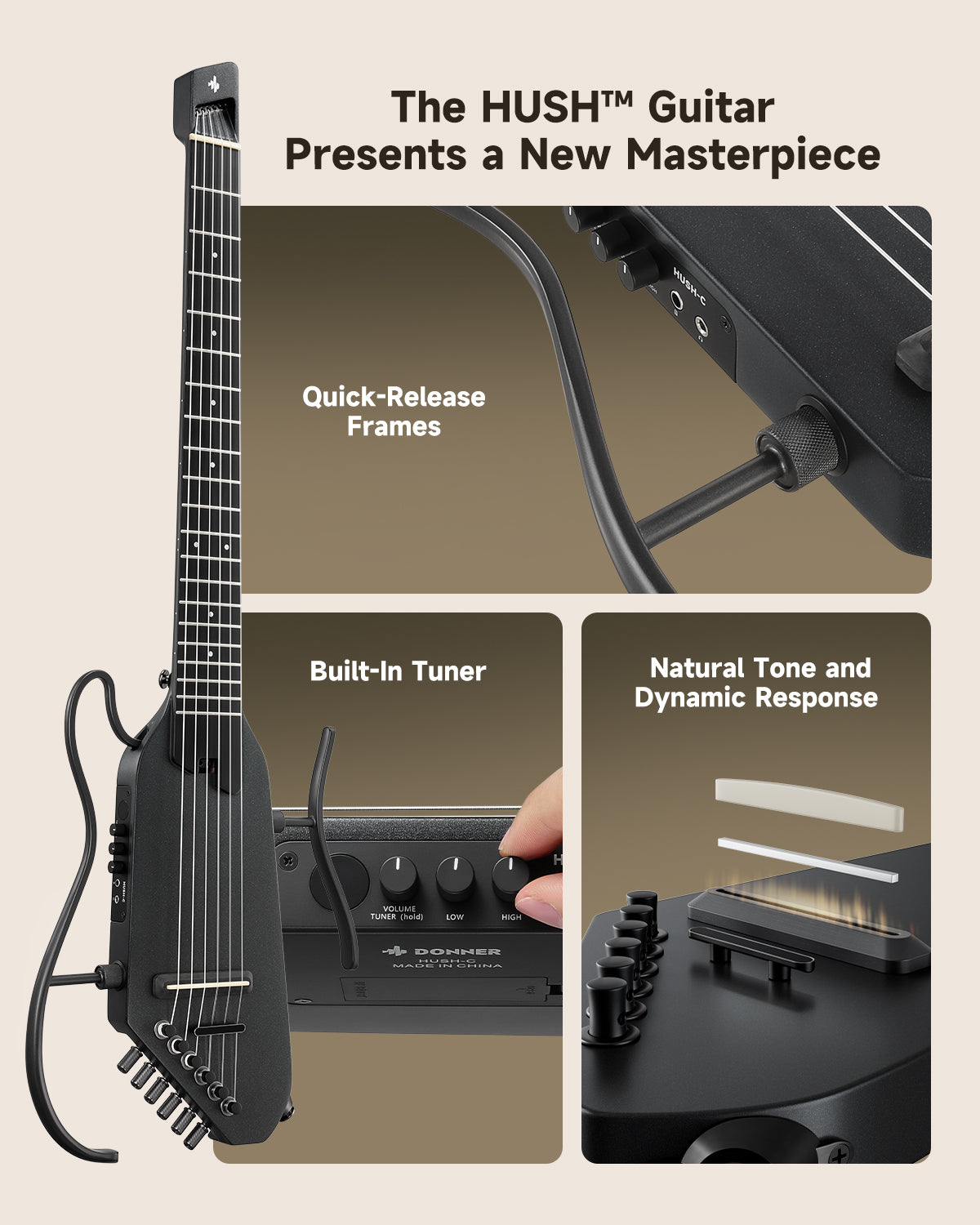 Donner HUSH™ C Classical Nylon String Guitars-Black##