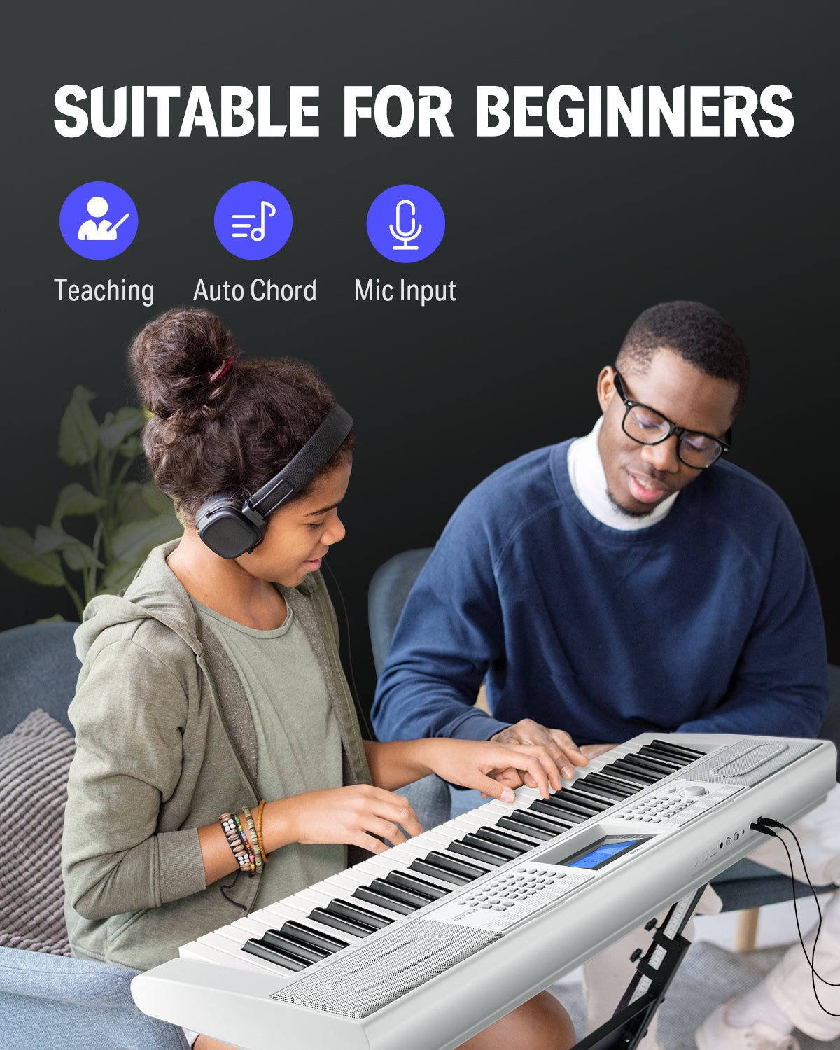Donner DEK-610S 61 Key Electronic Keyboard Set with Stand/Stool/Microphone-White##