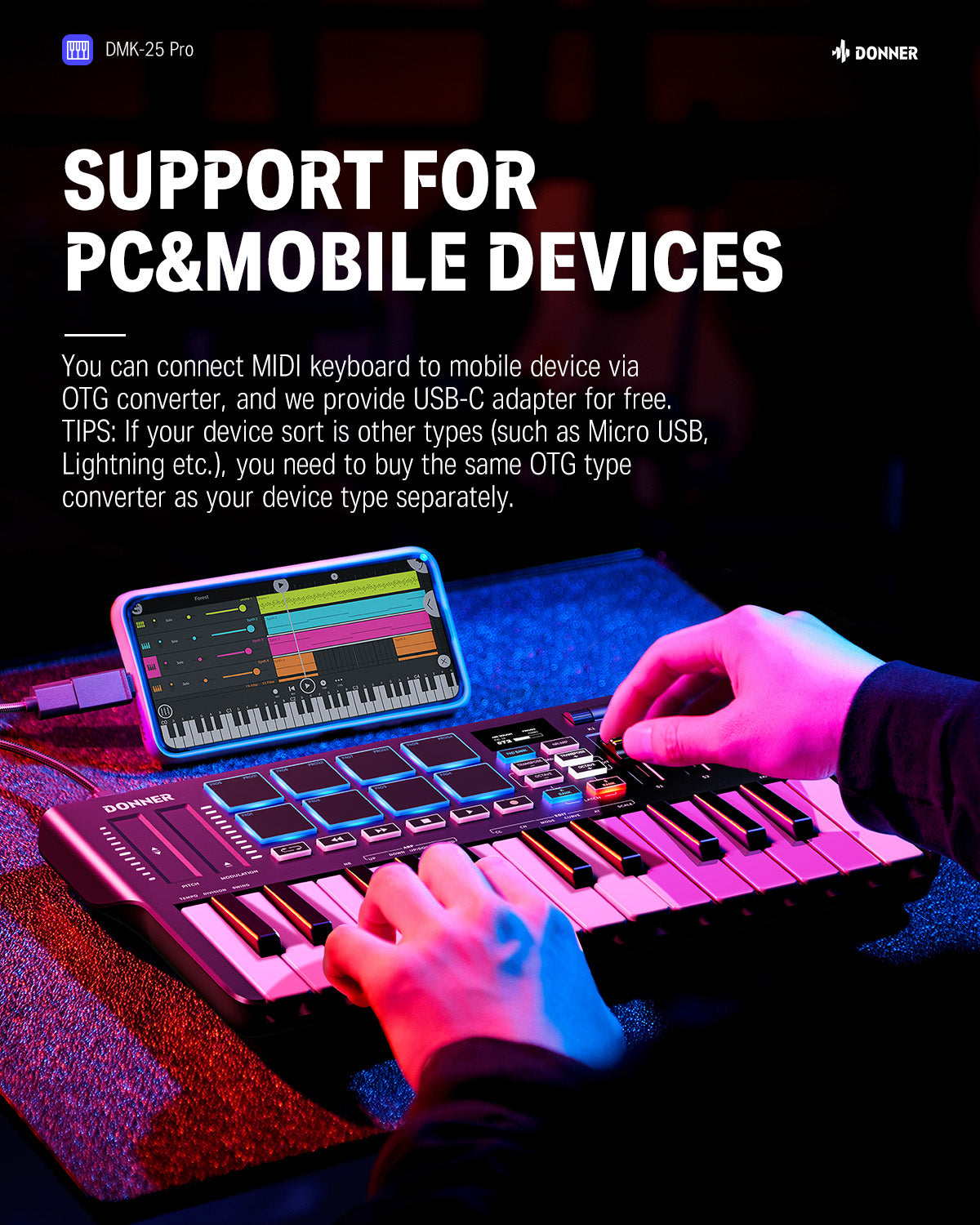 Donner DMK-25 PRO MIDI Keyboard Controller with Personalized Touch Bar, Free Music Production Software/Free 40 Courses-Black/White##