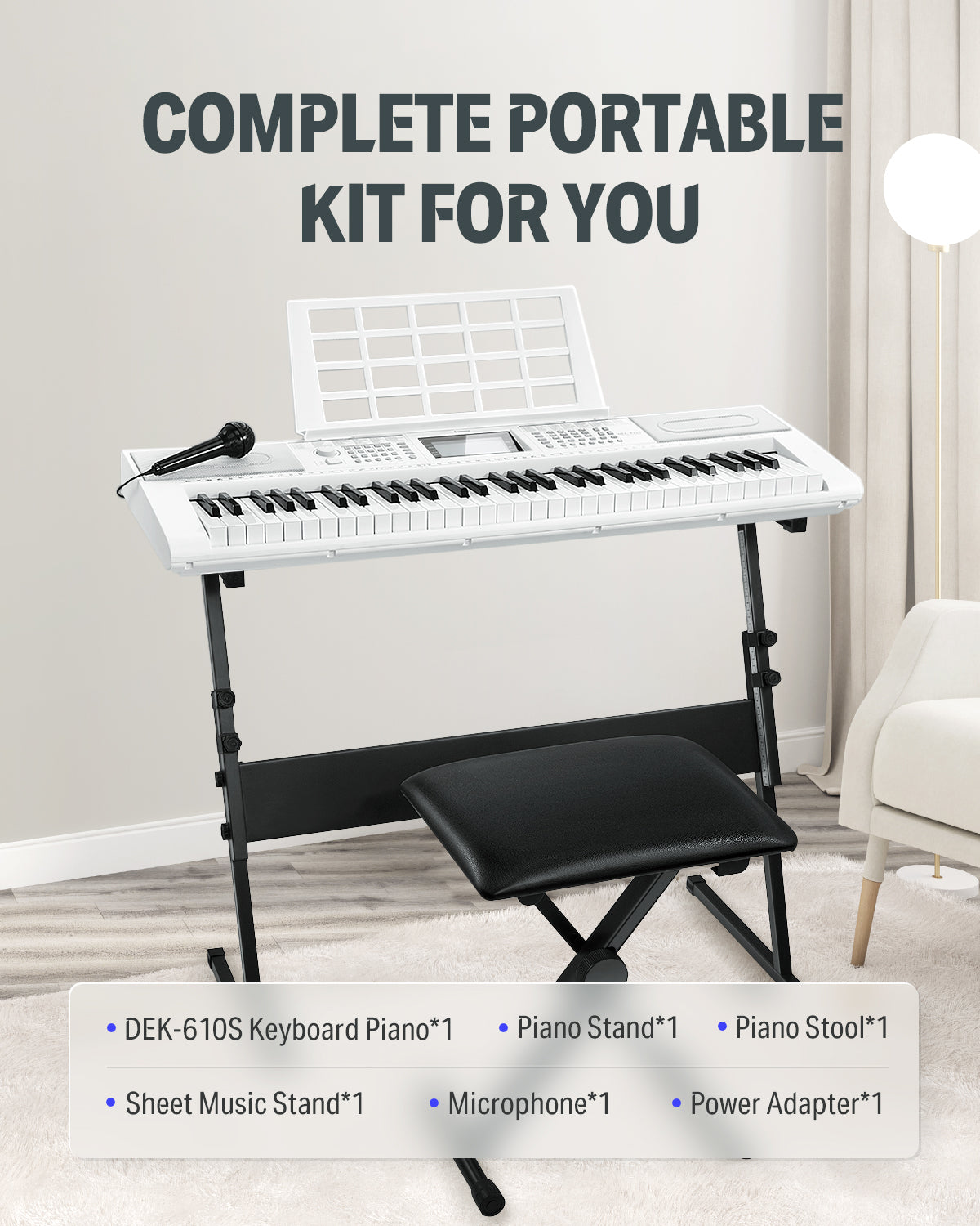 Donner DEK-610S 61 Key Electronic Keyboard Set with Stand/Stool/Microphone-White##