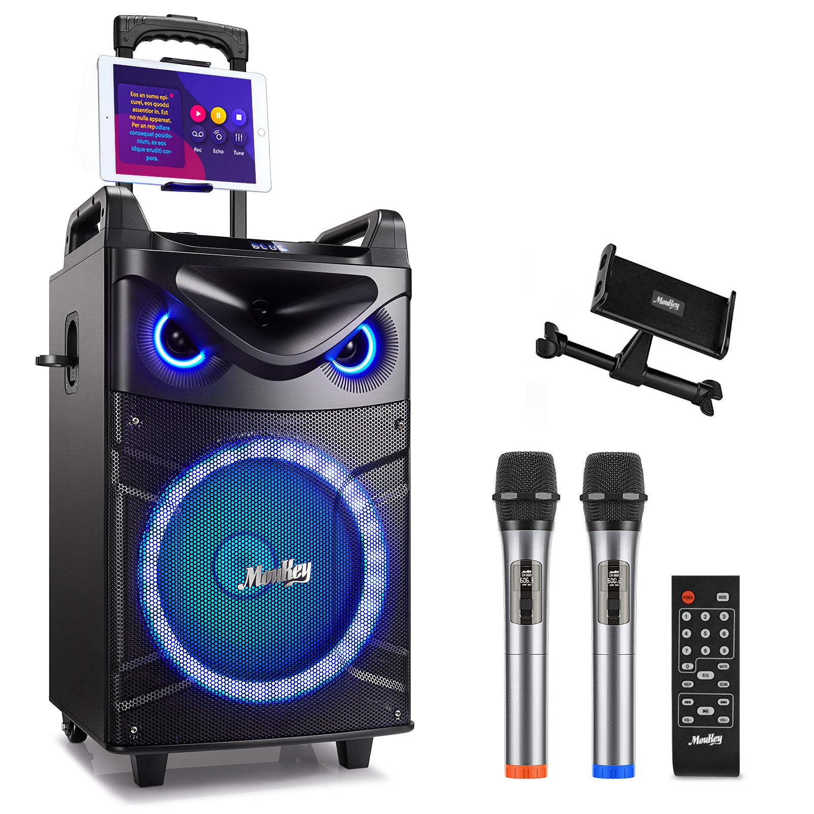 Moukey™ MTs12-1 Karaoke Machine Portable PA Trolley Speaker with Woofer/Bluetooth/2 Mic