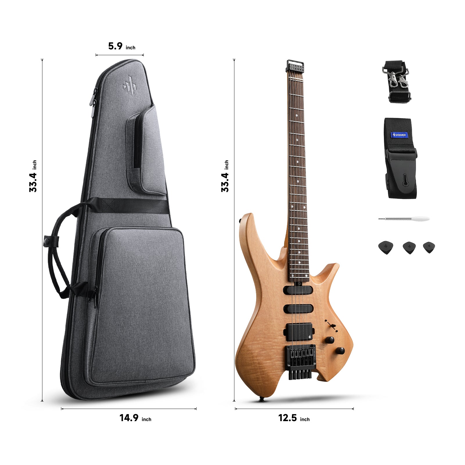 Donner NHL-500 Headless Electric Guitar-Wooden Nature##