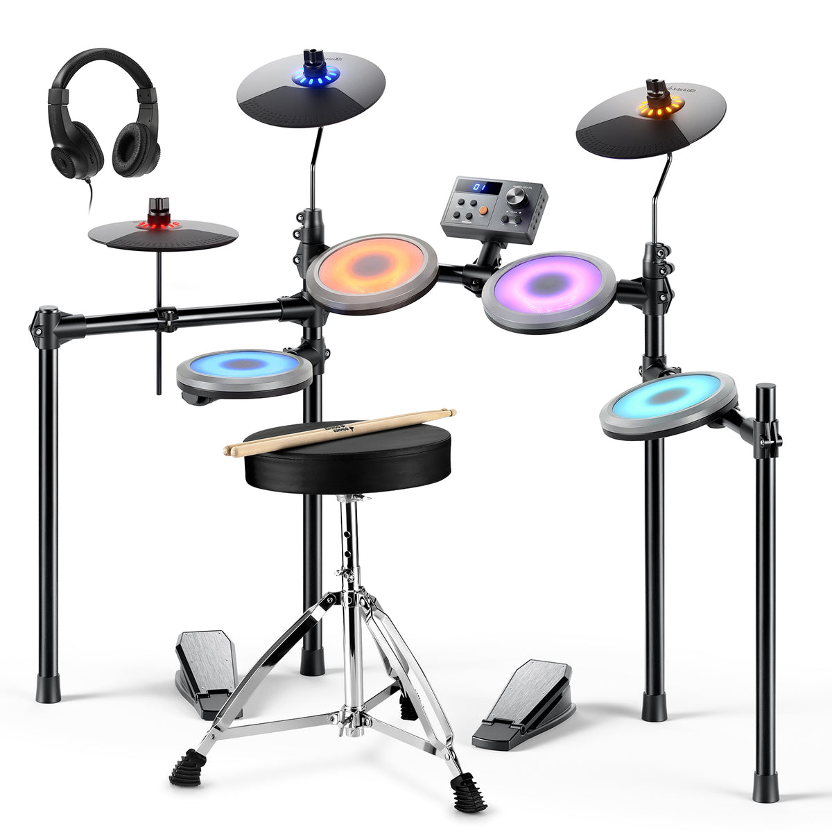 Donner DED-70R Electric Drum Set with LED Light, 150 Sounds, 15 Drum Kits, Type-C Charging, with Throne, Headphones, Gray