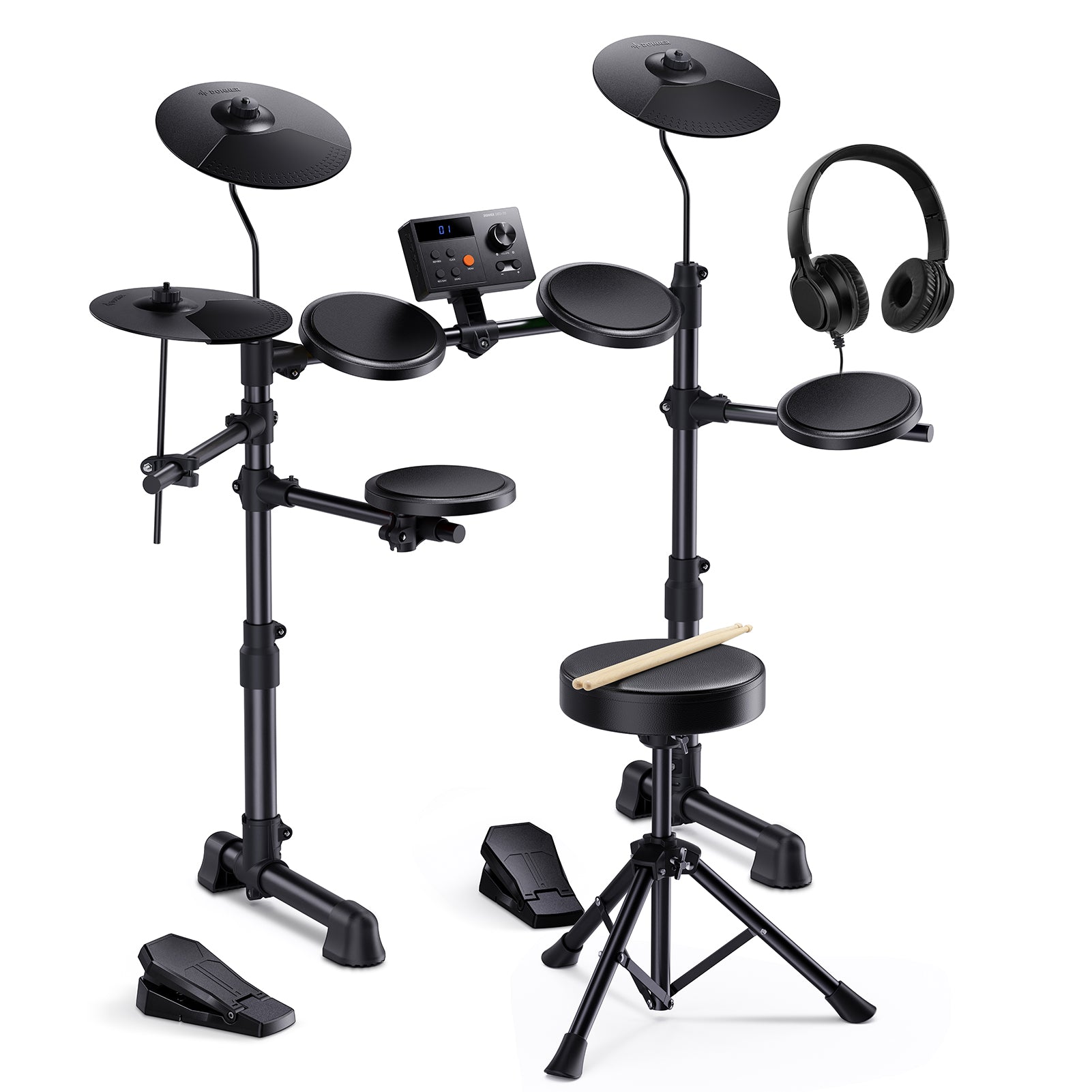 Donner Kids Electric Drum Set with 150 Sounds, 15 Drum kits, 10 demo songs, 4 Quiet Silicone Pads, 9" Cymbals, Throne, Headphones, Sticks