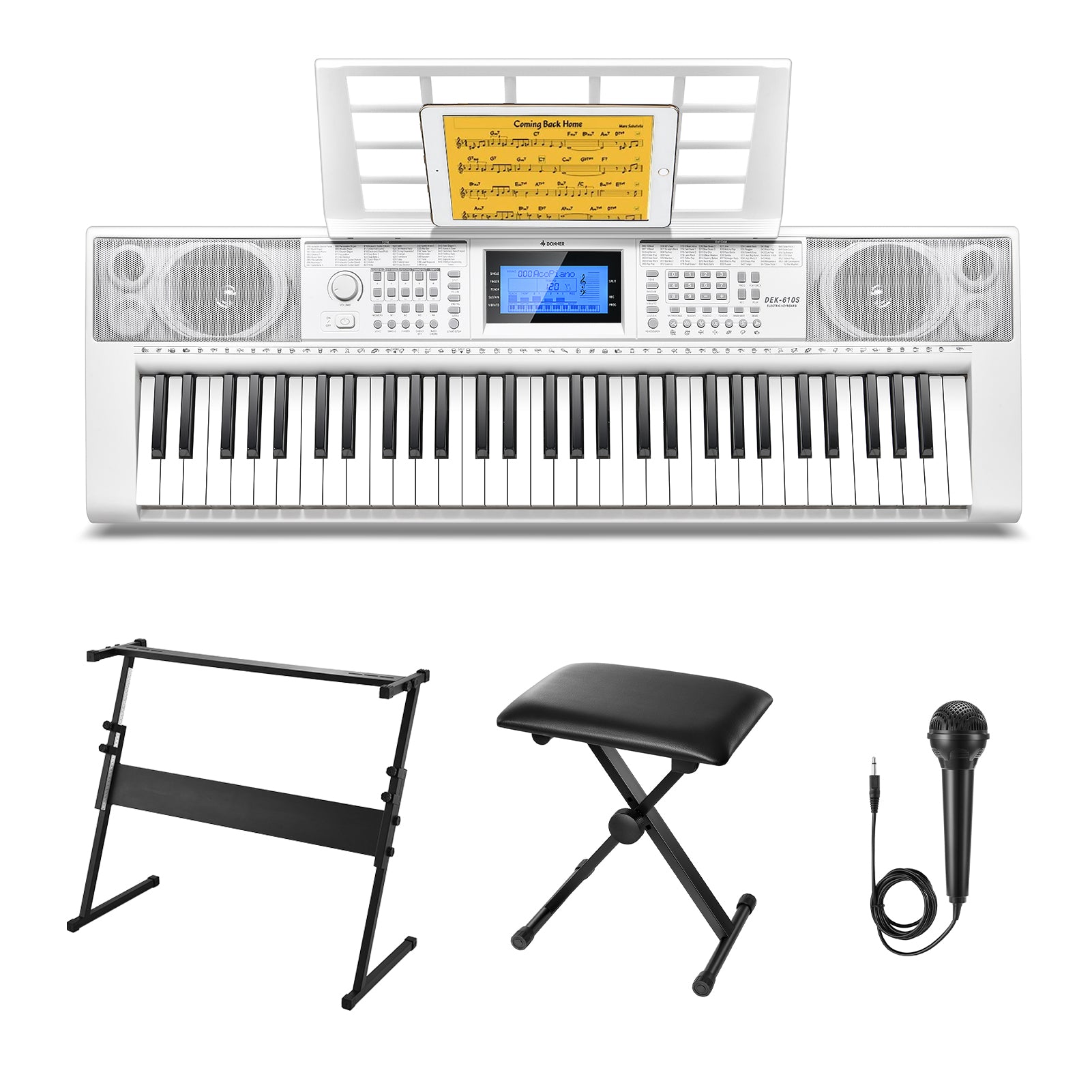 Donner DEK-610S 61 Key Electronic Keyboard Set with Stand/Stool/Microphone-White##