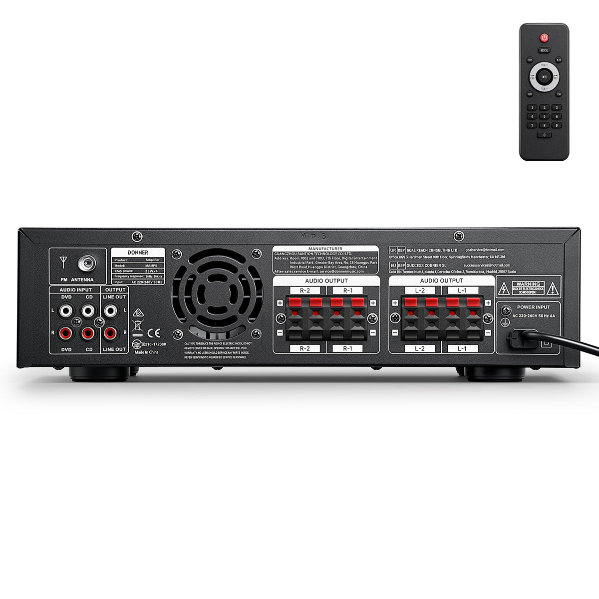 Donner Stereo Audio Amplifier Receiver, 4 Channel 1000W Peak Power Home Theater Stereo ReceiverBluetooth 5.0 Speaker Selector for Studio, Home