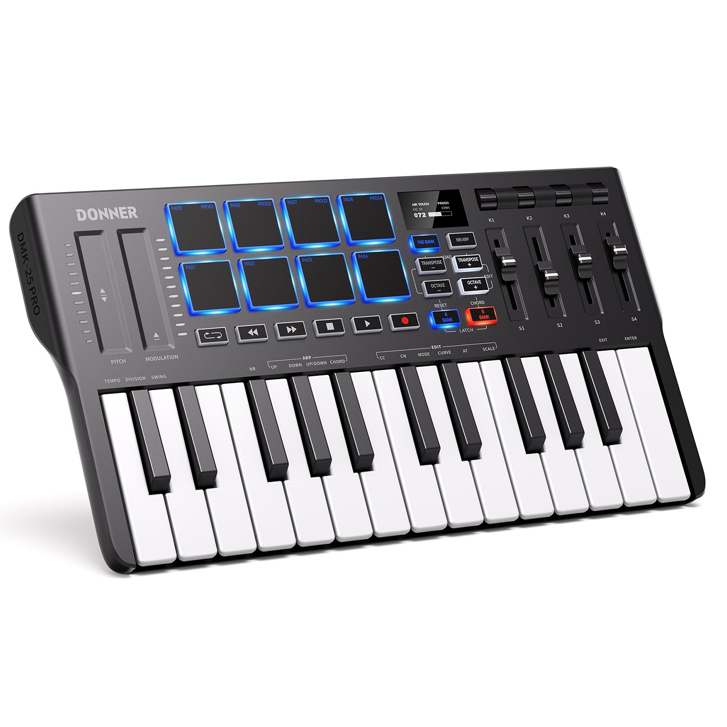 Donner DMK-25 PRO MIDI Keyboard Controller with Personalized Touch Bar, Free Music Production Software/Free 40 Courses-Black/White##