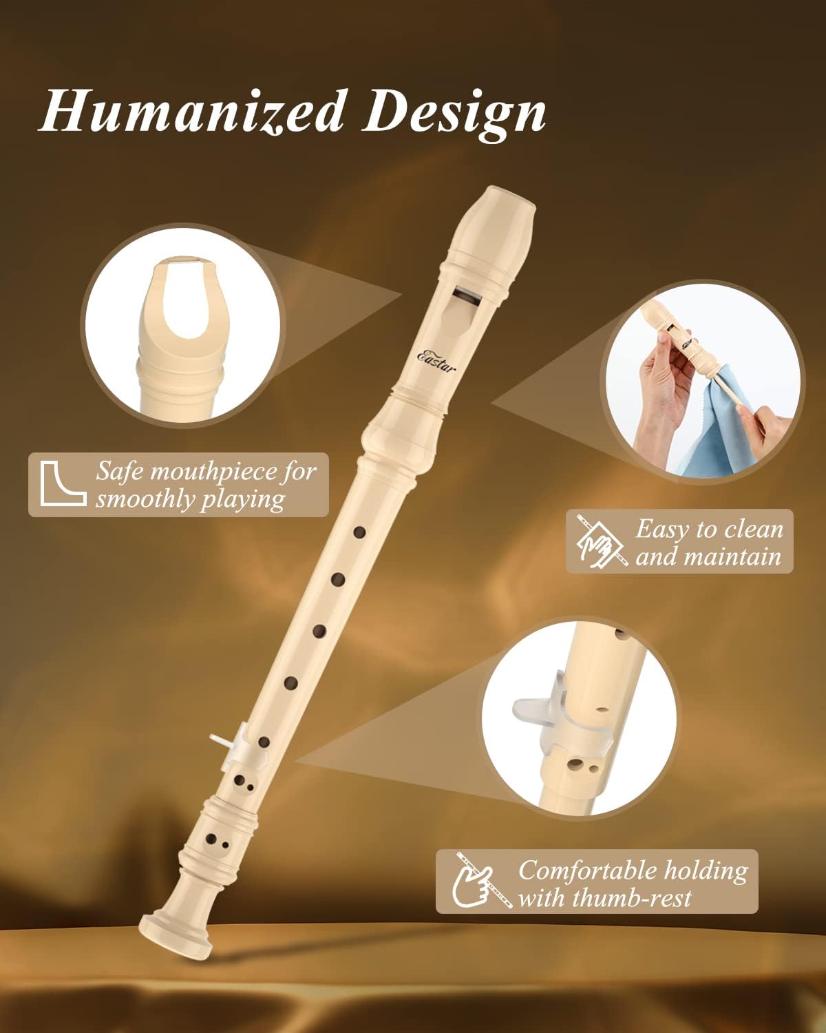 Eastar Soprano Recorder Instrument for Kids Beginners, German Fingering C Key Recorder Instrument 3 Piece with Cleaning Kit, Thumb Rest, Cotton Bag, Fingering Chart, ERS-21GB, School-Approved-White##