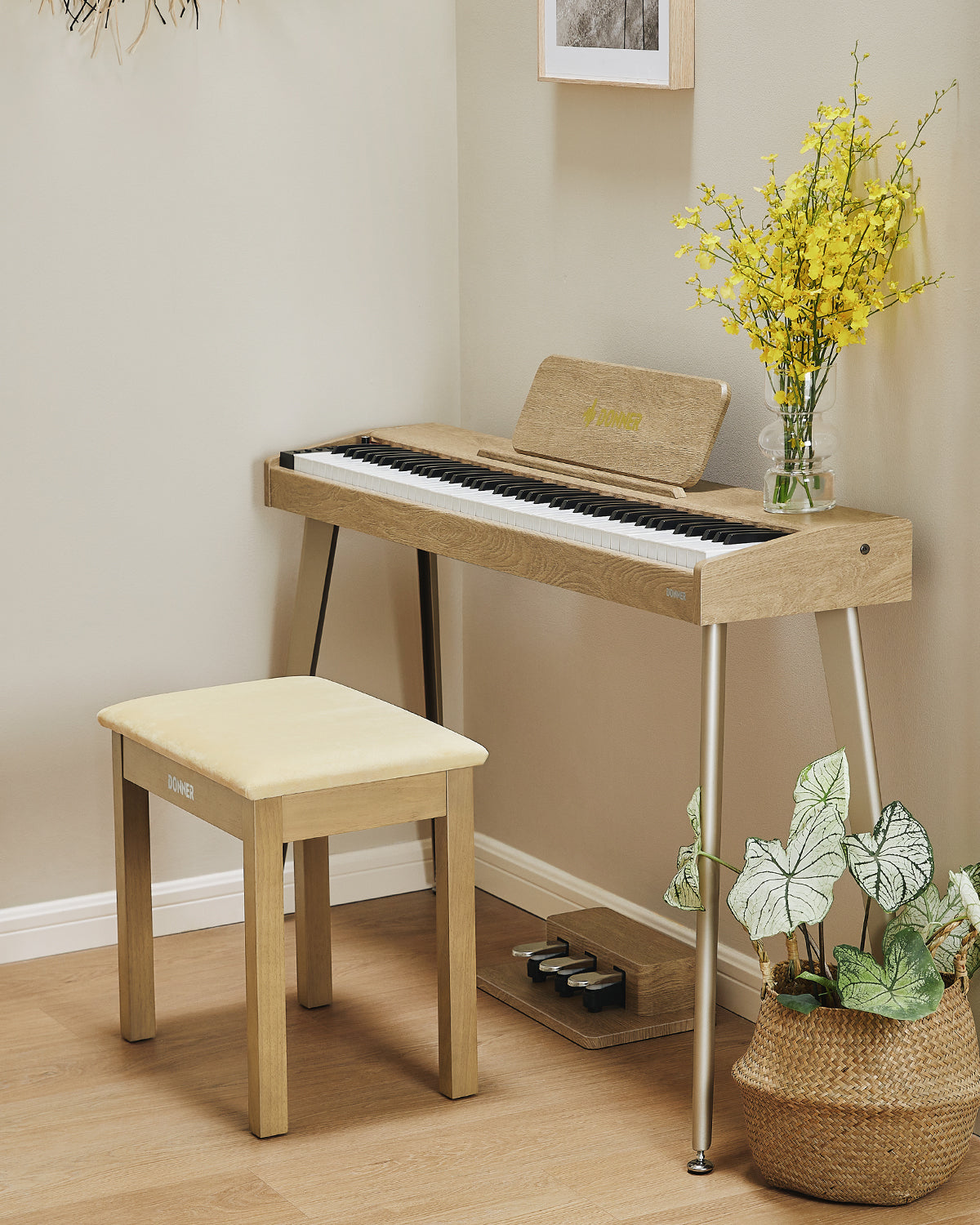 Donner Light Wood Color Piano Bench with High-Density Suede Cushion