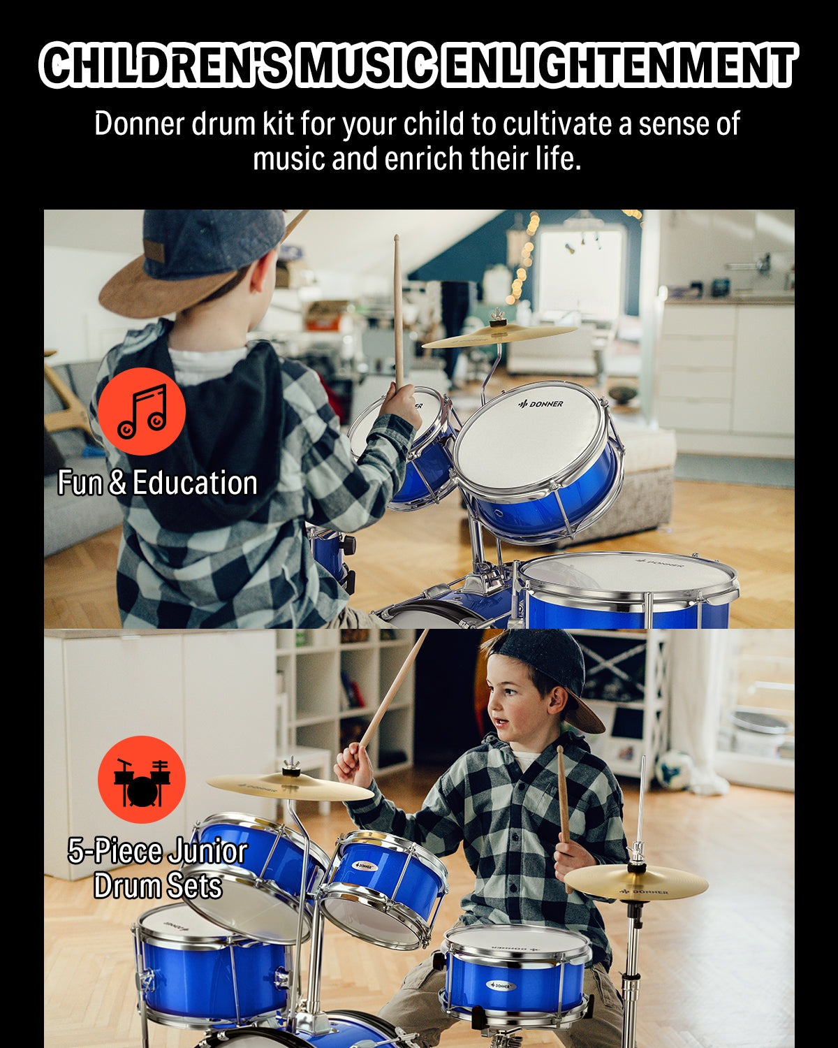 Donner Kids Drum Sets for Beginners,14 inch 5-Piece Junior Drum Kit, with Adjustable Throne, Cymbal, Hi-Hat, Pedal & Drumstick