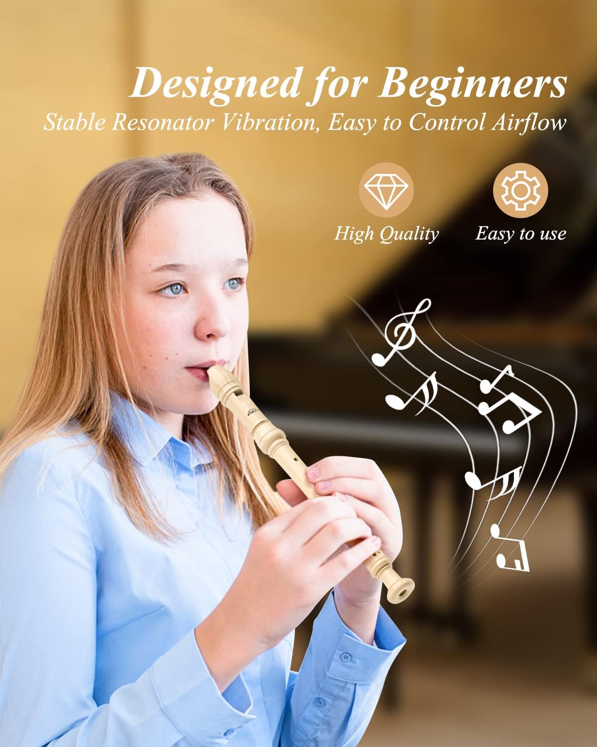 Eastar Soprano Recorder Instrument for Kids Beginner, Baroque Fingering C Key Recorder Instrument 3 Piece with Cleaning Kit, Thumb Rest, Cotton Bag, Fingering Chart,School-Approved-Natural##