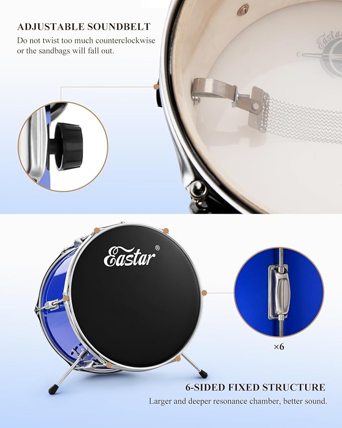 Eastar EDS-180BE 14 inch 3-Piece Kids/Junior Drum Set with Throne, Cymbal, Pedal & Drumsticks,Mirror Blue