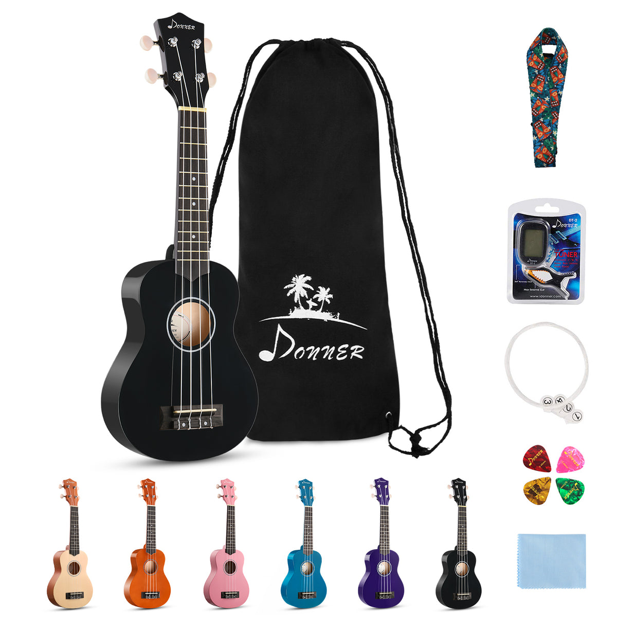 Donner DUS-10 Soprano Ukulele Beginner Kit for Kid Adult Student with Online Lesson 21 Inch Bundle Bag Strap String Tuner Pick Polishing Cloth