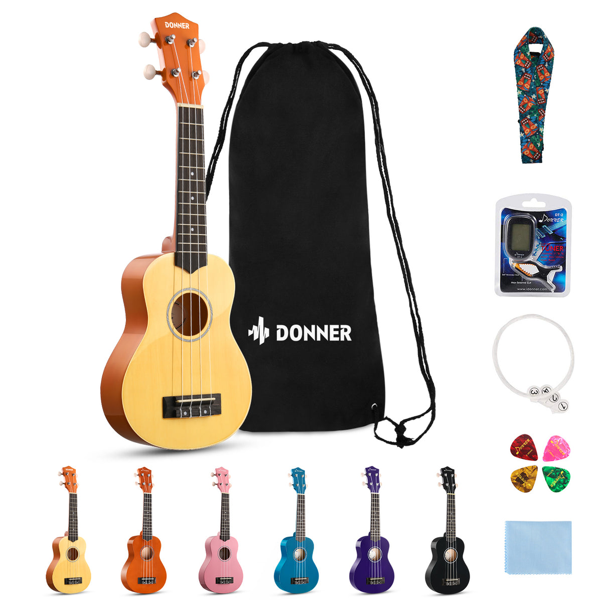 Donner DUS-10 Soprano Ukulele Beginner Kit for Kid Adult Student with Online Lesson 21 Inch Bundle Bag Strap String Tuner Pick Polishing Cloth