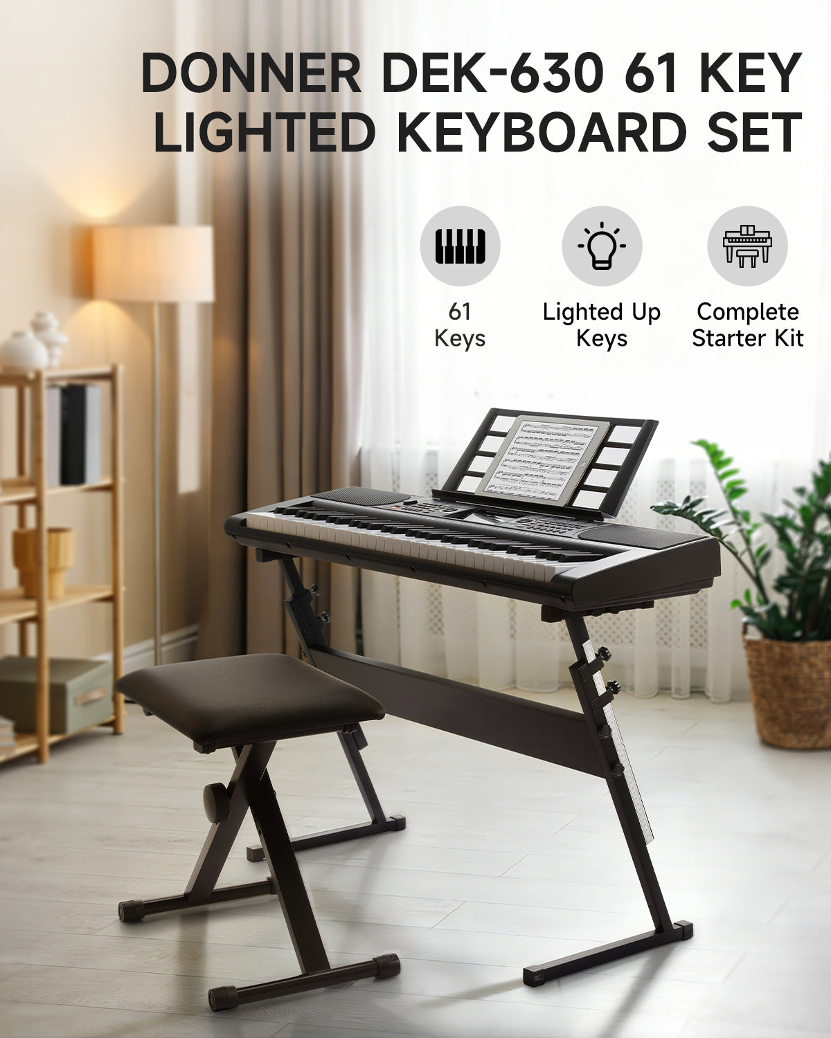 Donner DEK-630 61-Key Lighted Electronic Keyboard