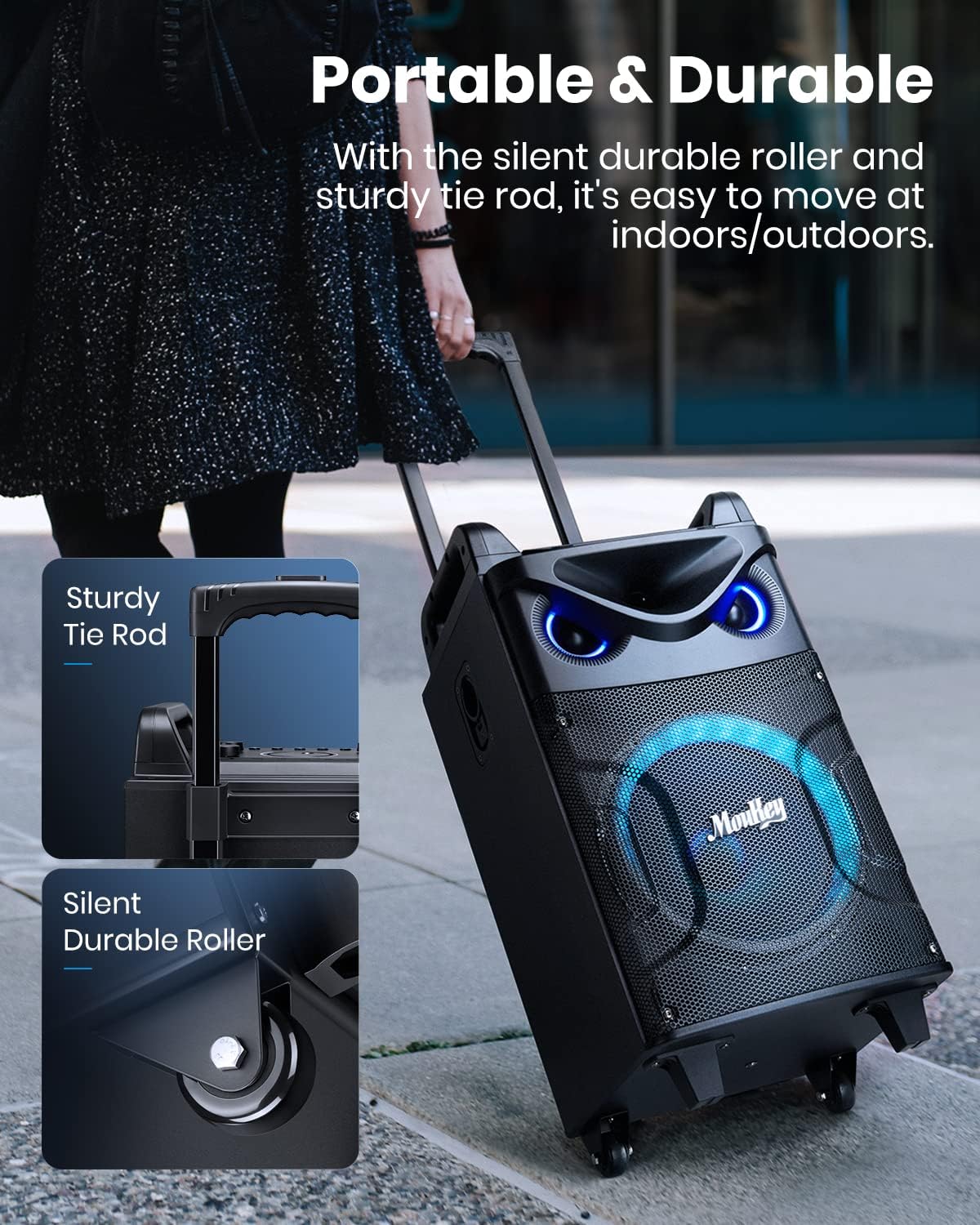 Moukey 10" Woofer Portable PA Karaoke Machine with Bluetooth Speaker and 2 Wireless Microphones