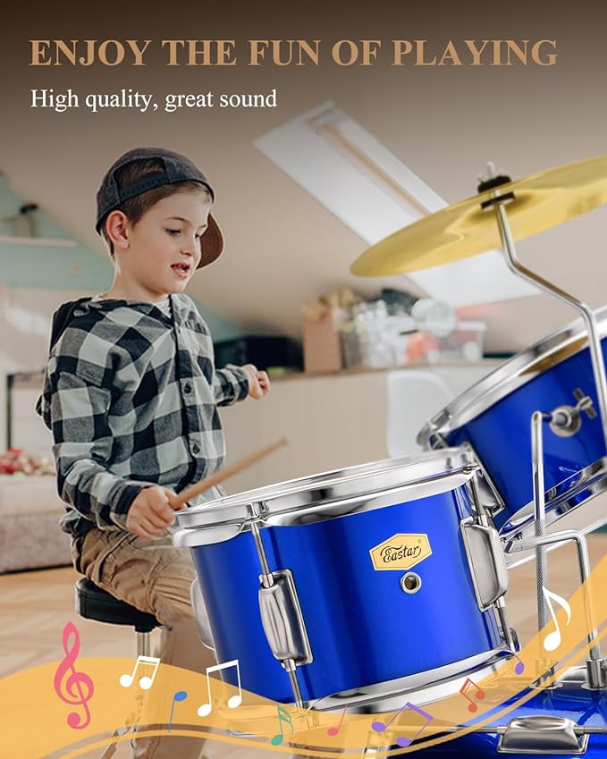 Eastar EDS-180BE 14 inch 3-Piece Kids/Junior Drum Set with Throne, Cymbal, Pedal & Drumsticks,Mirror Blue