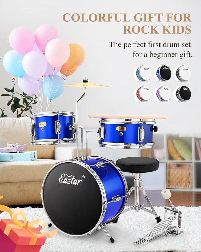 Eastar EDS-180BE 14 inch 3-Piece Kids/Junior Drum Set with Throne, Cymbal, Pedal & Drumsticks,Mirror Blue