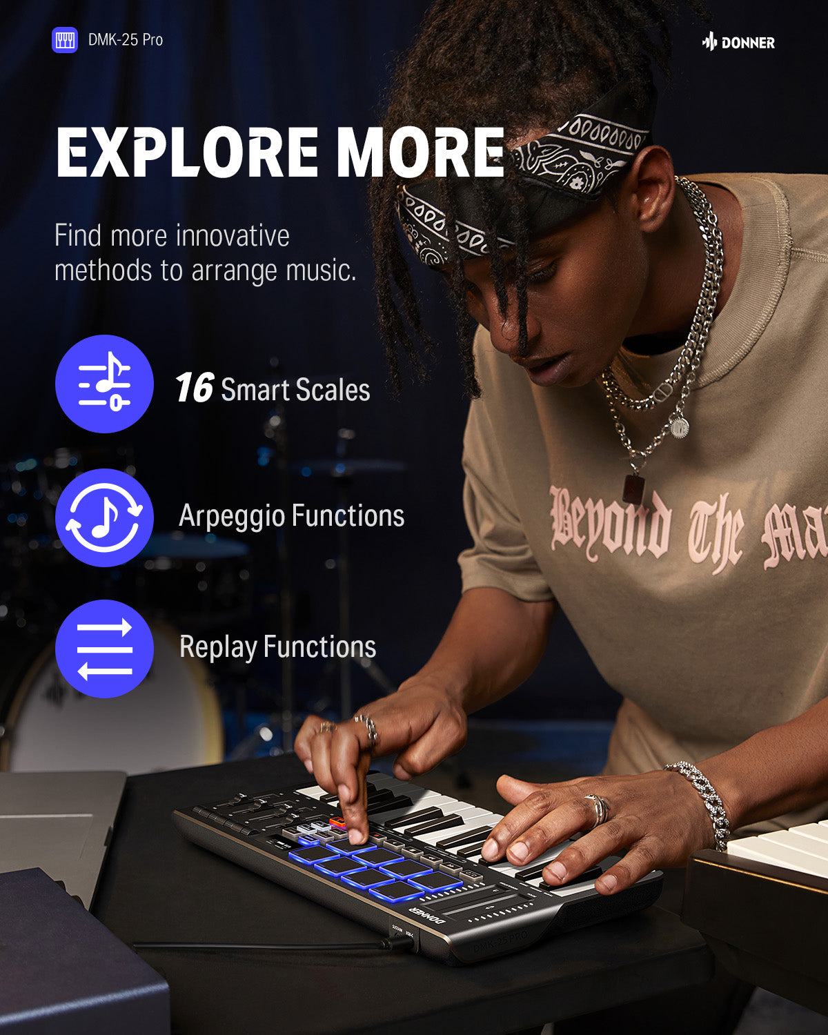 Donner DMK-25 PRO MIDI Keyboard Controller with Personalized Touch Bar, Free Music Production Software/Free 40 Courses-Black/White##