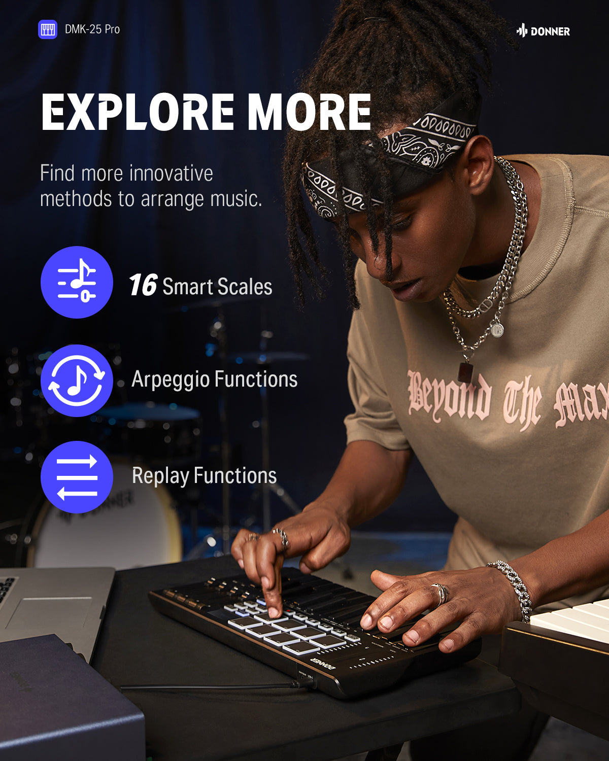 Donner DMK-25 PRO MIDI Keyboard Controller with Personalized Touch Bar, Free Music Production Software/Free 40 Courses-Black##