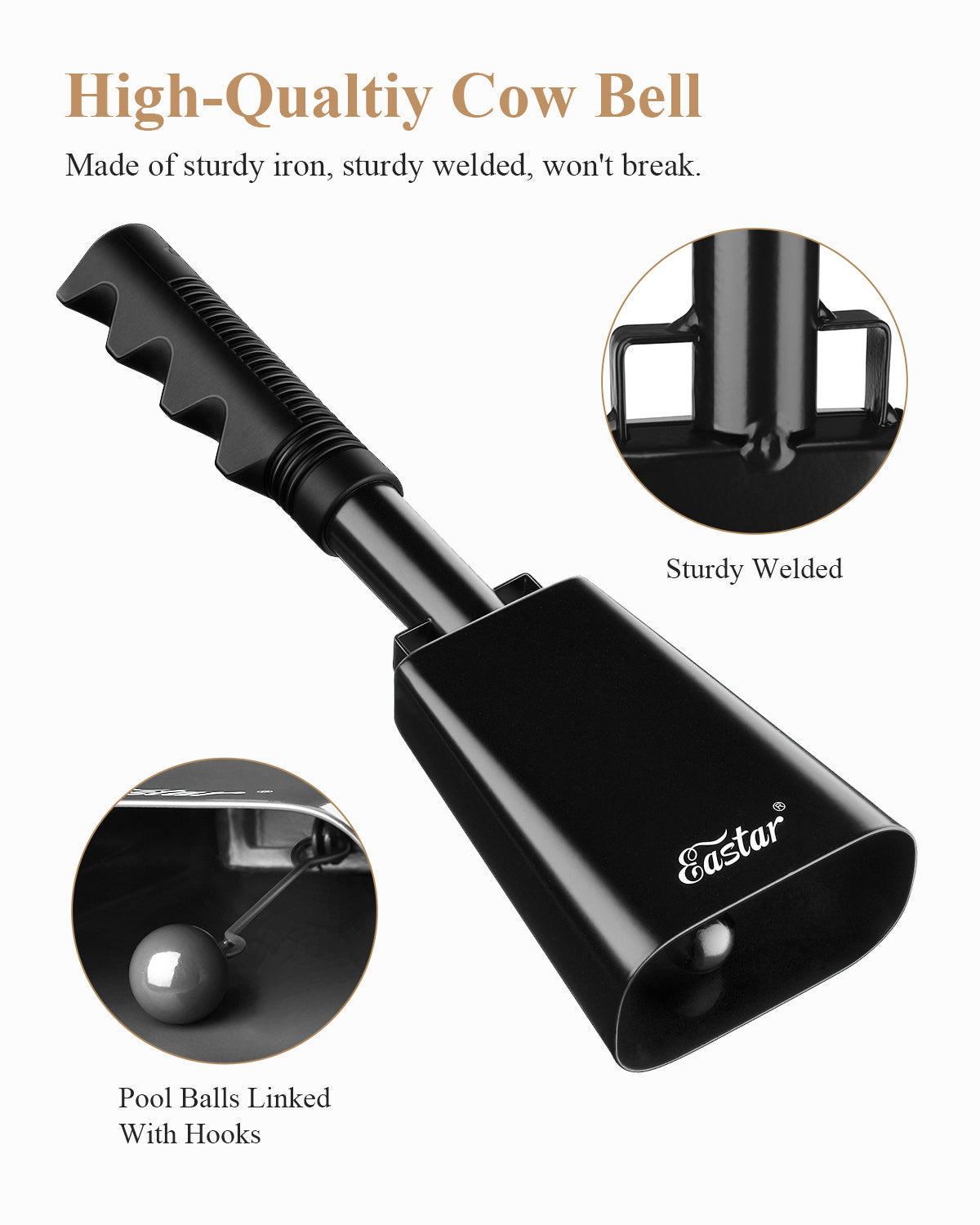 Eastar Cow Bell with Handle, 2 Pack Cowbells for Sporting Events, 10 Inch Cowbells Noise Makers Cheering Bell for Football Games, Stadiums, Halloween Gifts, Black/White/Blue/Red-Black##