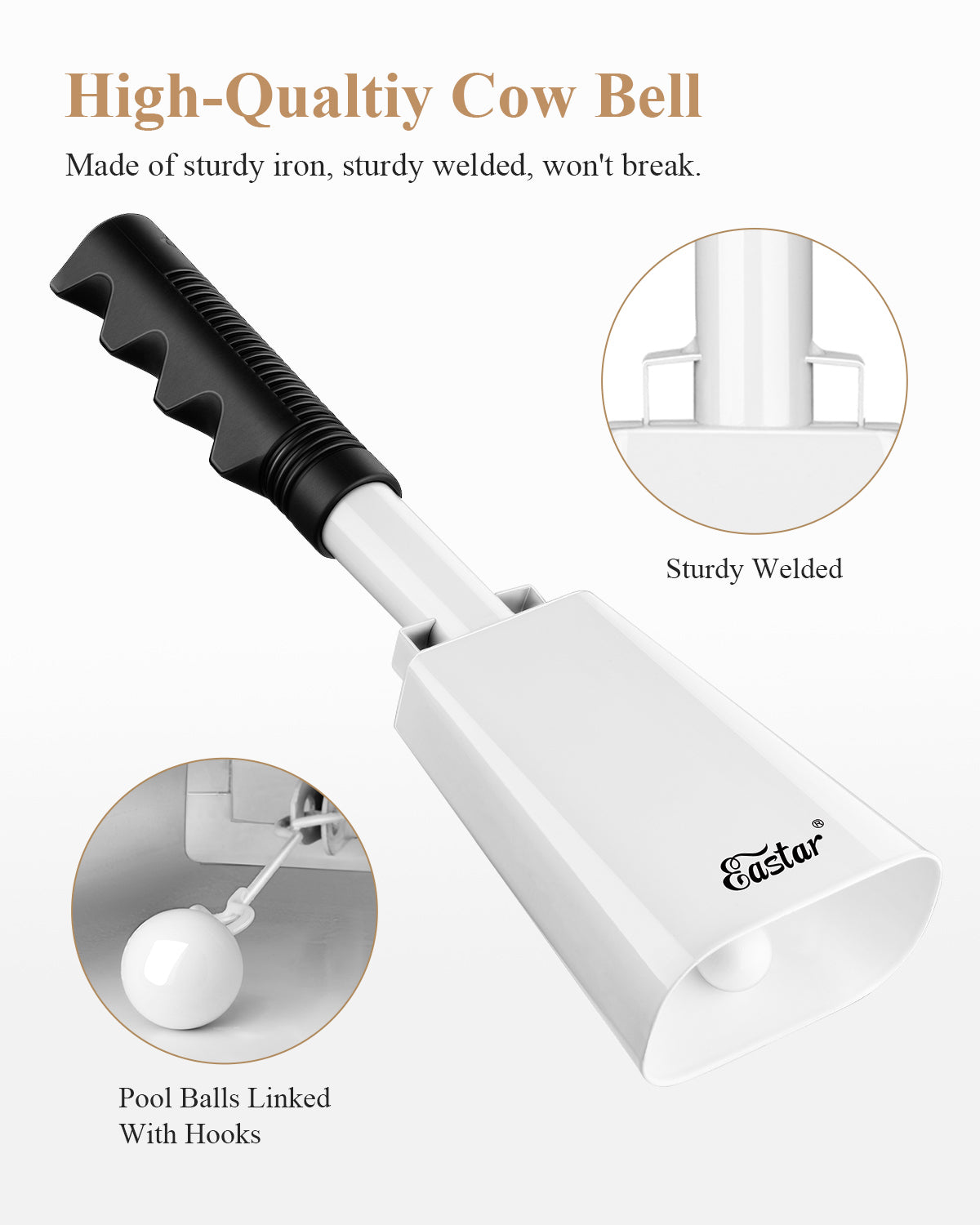 Eastar Cow Bell with Handle, 2 Pack Cowbells for Sporting Events, 10 Inch Cowbells Noise Makers Cheering Bell for Football Games, Stadiums, Halloween Gifts, Black/White/Blue/Red-White##
