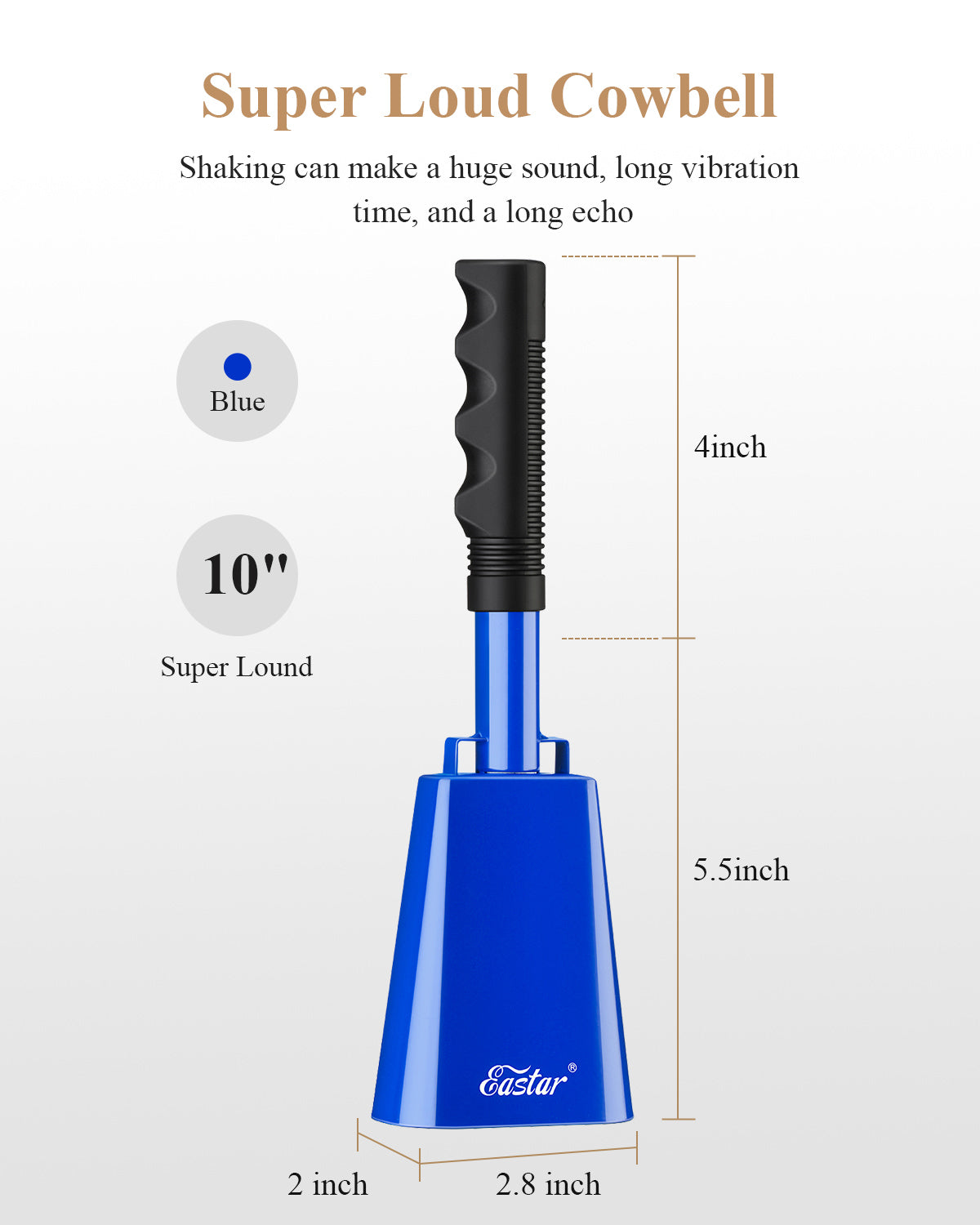 Eastar Cow Bell with Handle, 2 Pack Cowbells for Sporting Events, 10 Inch Cowbells Noise Makers Cheering Bell for Football Games, Stadiums, Halloween Gifts, Black/White/Blue/Red-Blue##