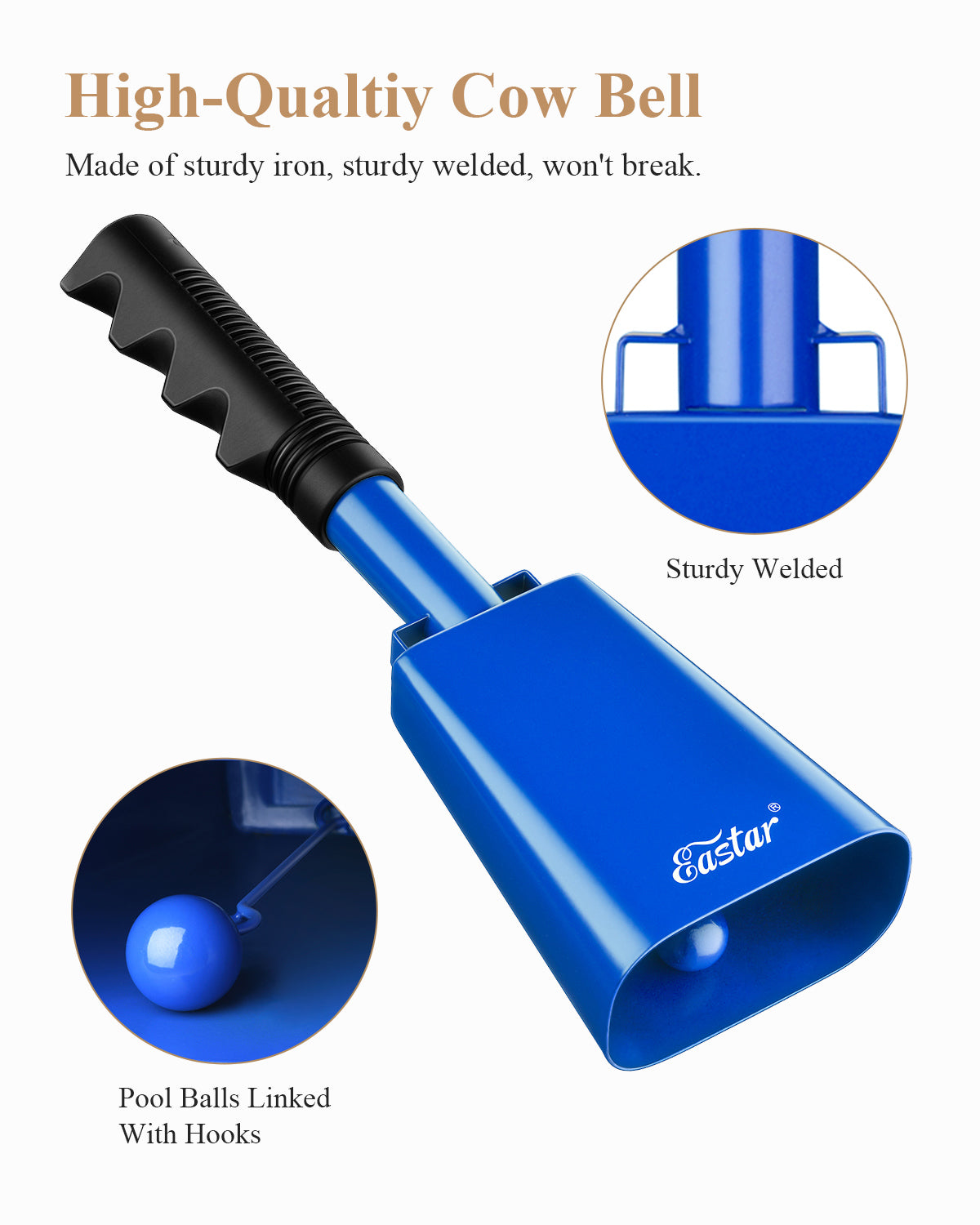 Eastar Cow Bell with Handle, 2 Pack Cowbells for Sporting Events, 10 Inch Cowbells Noise Makers Cheering Bell for Football Games, Stadiums, Halloween Gifts, Black/White/Blue/Red-Blue##