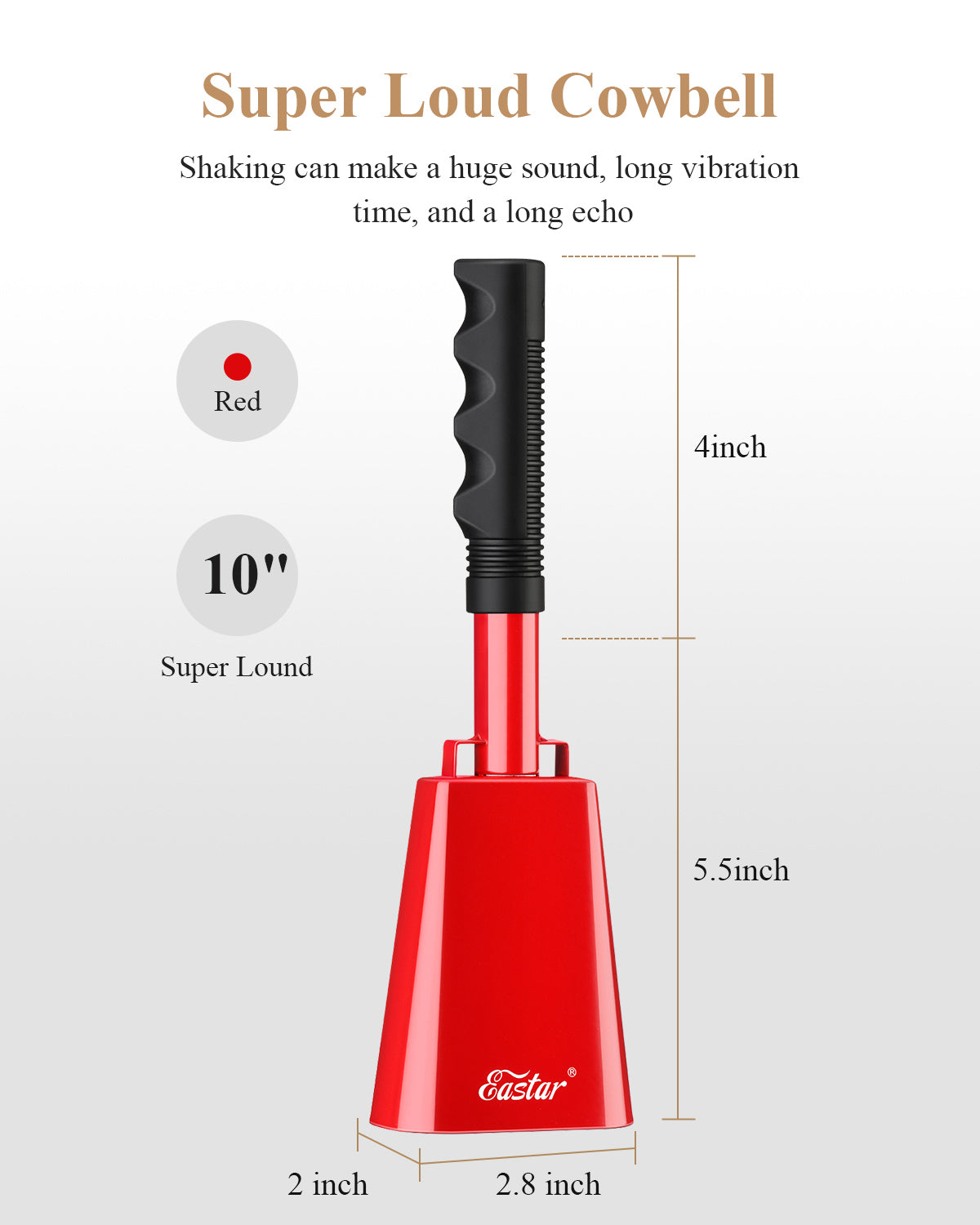 Eastar Cow Bell with Handle, 2 Pack Cowbells for Sporting Events, 10 Inch Cowbells Noise Makers Cheering Bell for Football Games, Stadiums, Halloween Gifts, Black/White/Blue/Red-Red##
