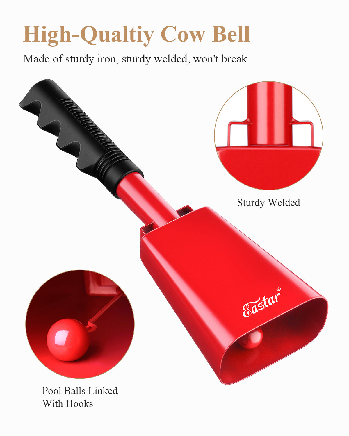 Eastar Cow Bell with Handle, 2 Pack Cowbells for Sporting Events, 10 Inch Cowbells Noise Makers Cheering Bell for Football Games, Stadiums, Halloween Gifts, Black/White/Blue/Red-Red##