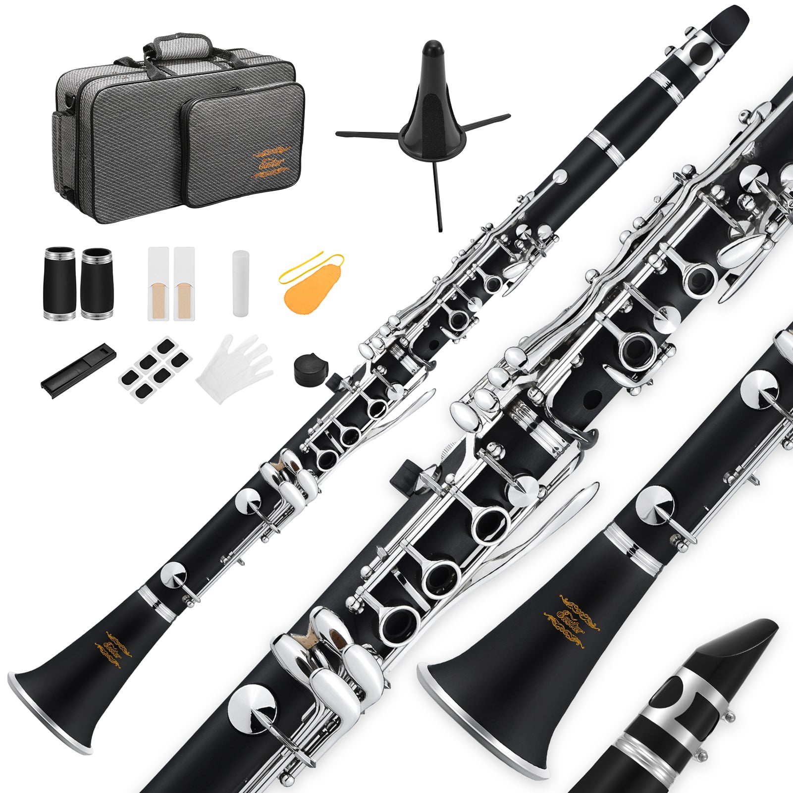 Eastar Bb Clarinet for Beginner Students – 17-key Ebonite Construction with 2 Barrels, 3 Reeds, Stand, Gloves, and Hard Case