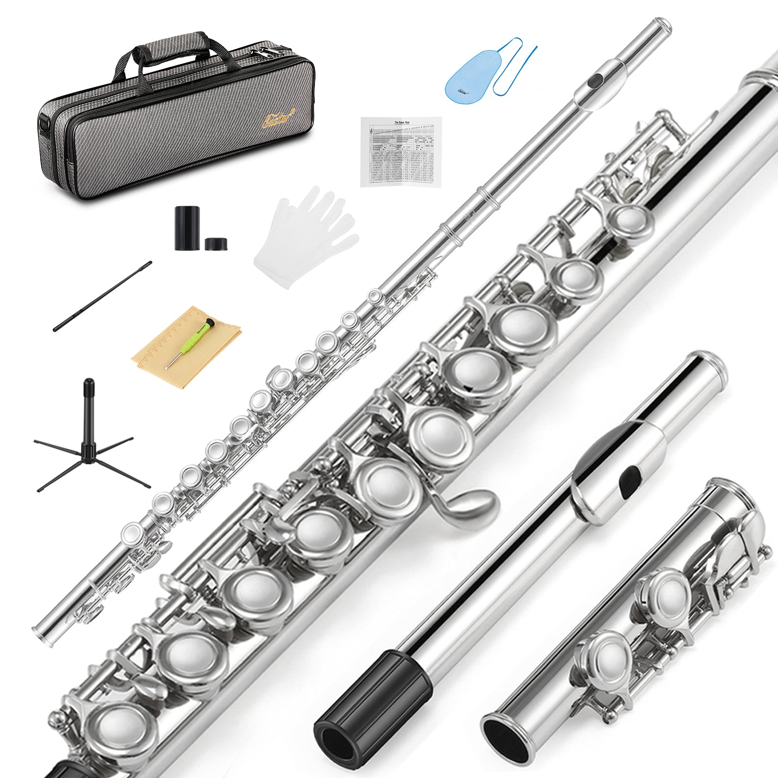 Eastar EFL-1 Nickel Plated C Flute for Beginners – 16 Keys Closed Hole, Full Set with Carrying Case, Flute Stand, Cleaning Kit & Tuning Rod