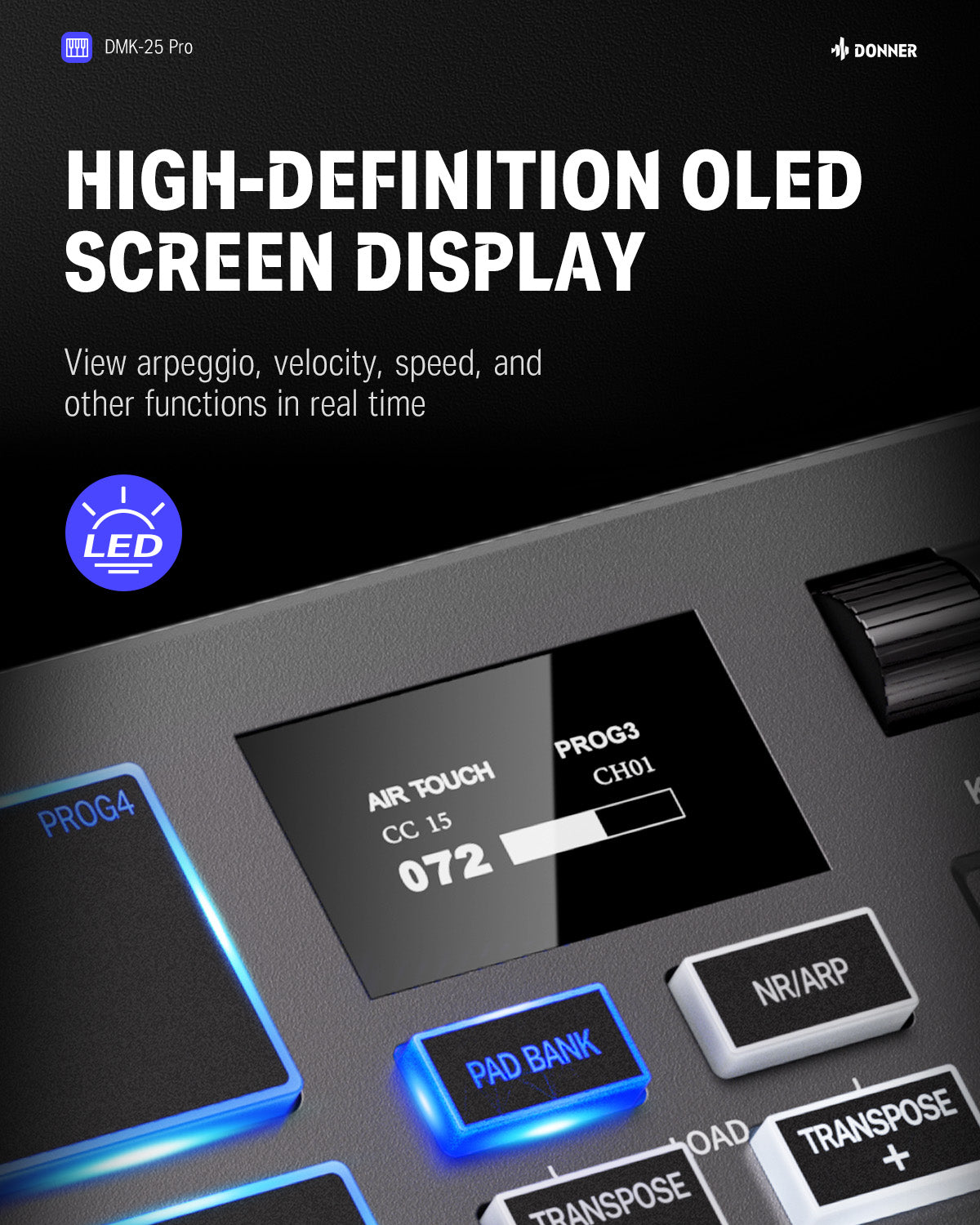 Donner DMK-25 PRO MIDI Keyboard Controller with Personalized Touch Bar, Free Music Production Software/Free 40 Courses-Black/White##