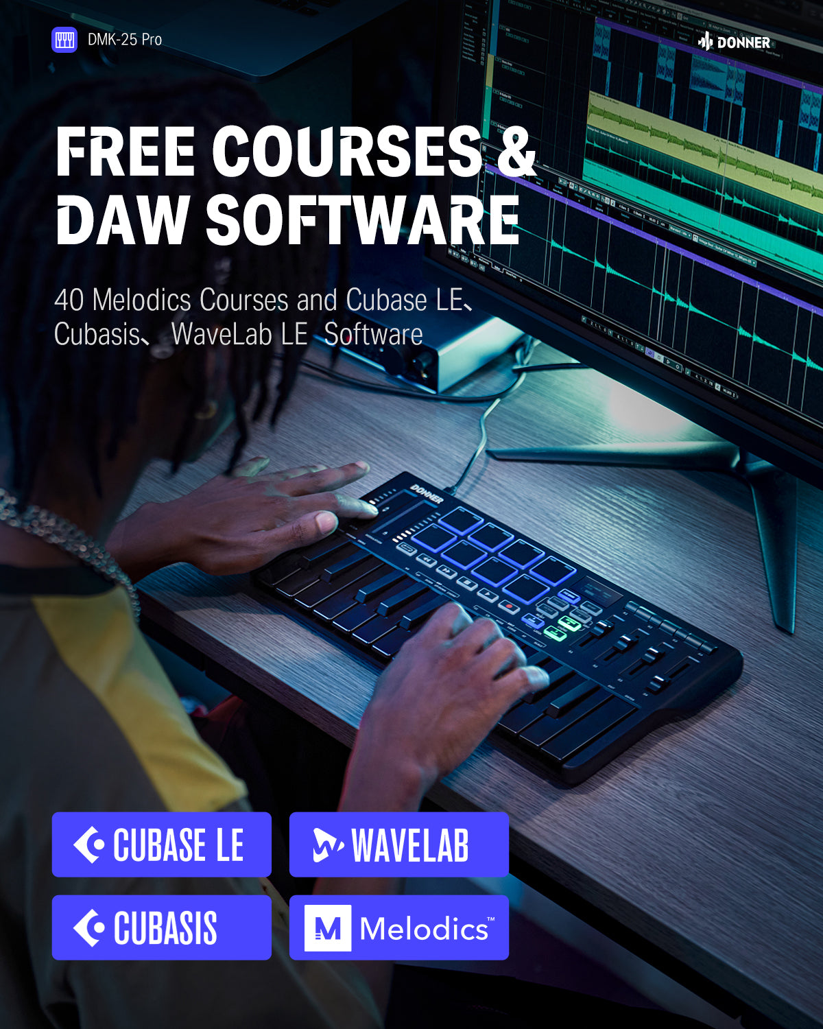 Donner DMK-25 PRO MIDI Keyboard Controller with Personalized Touch Bar, Free Music Production Software/Free 40 Courses-Black##