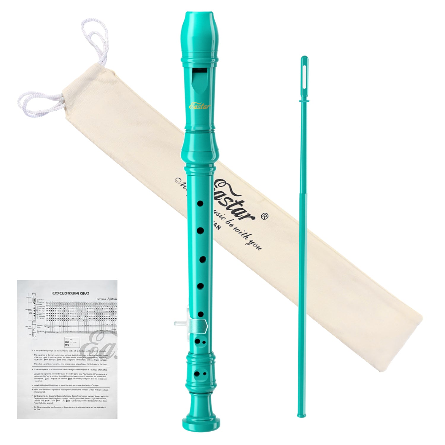 Eastar Soprano Recorder Instrument for Kids Beginners, German Fingering C Key Recorder Instrument 3 Piece with Cleaning Kit, Thumb Rest, Cotton Bag, Fingering Chart, ERS-21GB, School-Approved-Sky Blue##