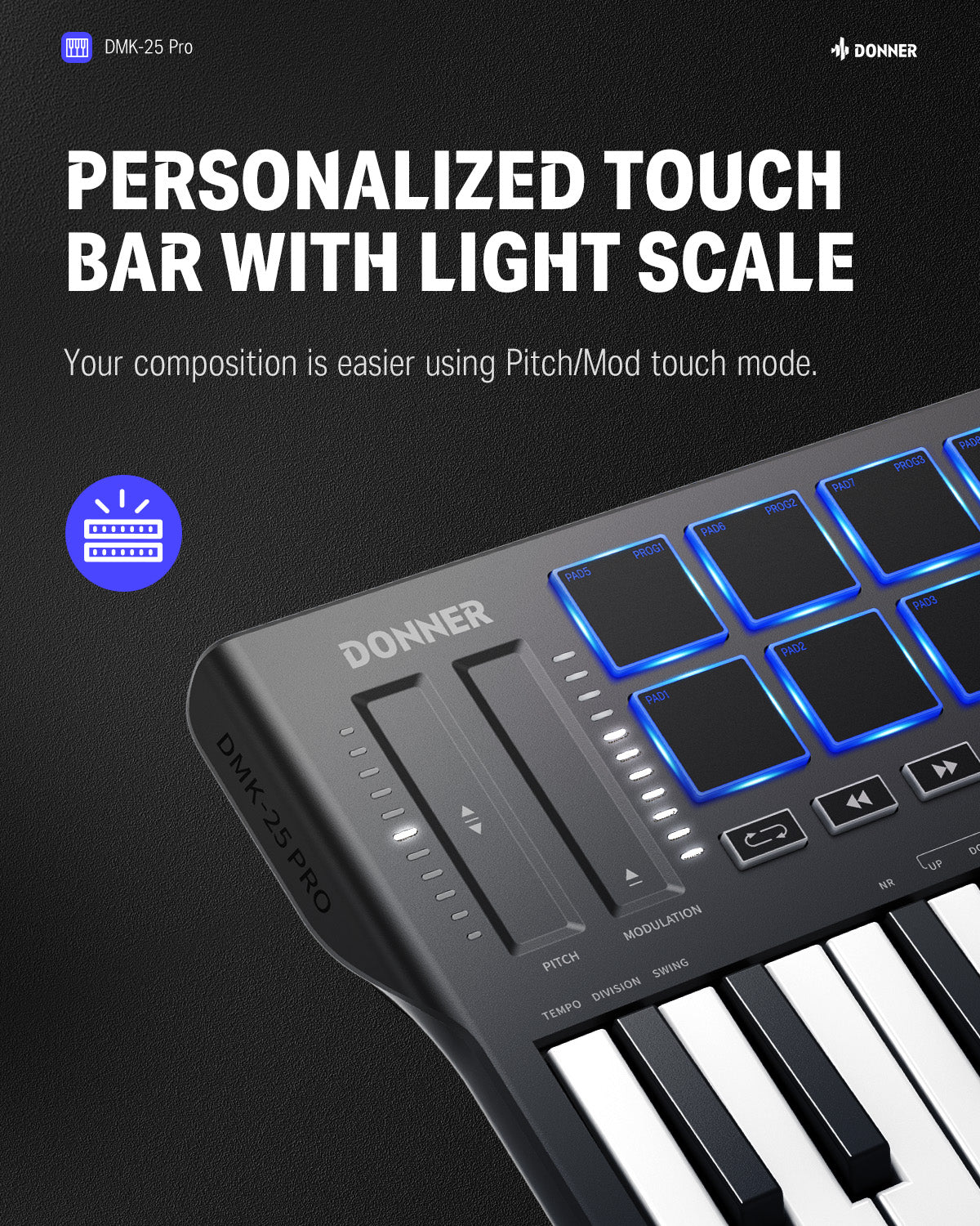 Donner DMK-25 PRO MIDI Keyboard Controller with Personalized Touch Bar, Free Music Production Software/Free 40 Courses-Black/White##