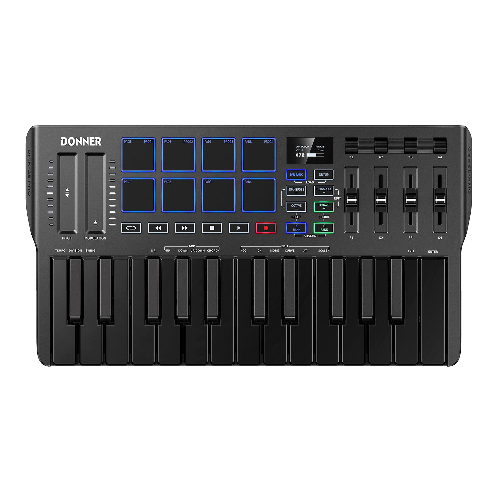 Donner DMK-25 PRO MIDI Keyboard Controller with Personalized Touch Bar, Free Music Production Software/Free 40 Courses-Black##
