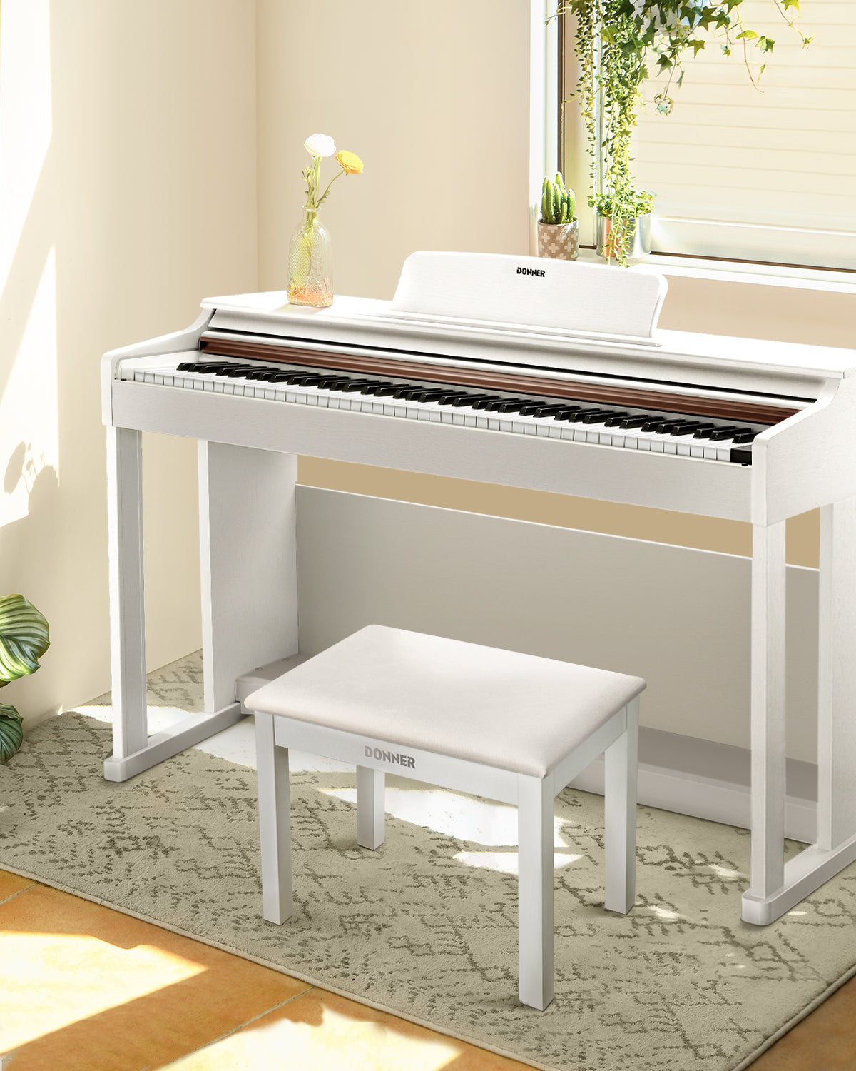 Donner Solid Wood Piano Bench with Storage High-Density Suede Cushion Chair White