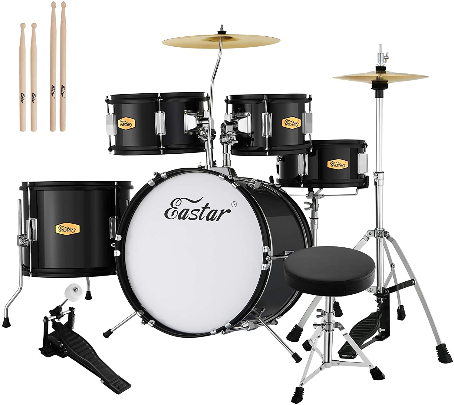 Eastar EDS-350 16-inch Complete 5-Piece Acoustic Drum Set for Kid/Junior/Beginner with Adjustable Throne/Cymbal/Pedal/Drum Sticks