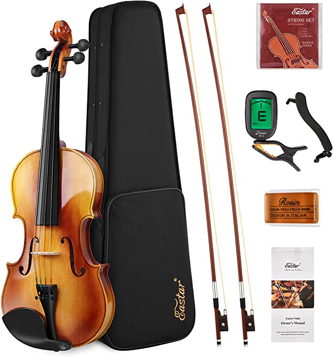 Eastar 4/4 Violin Set Full Size Fiddle Solidwood for Adults with Hard Case, Shoulder Rest, Rosin, Two Bows, Clip-on Tuner and Extra Strings,EVA-330,Two Bows/Black-4/4 Two Bows##