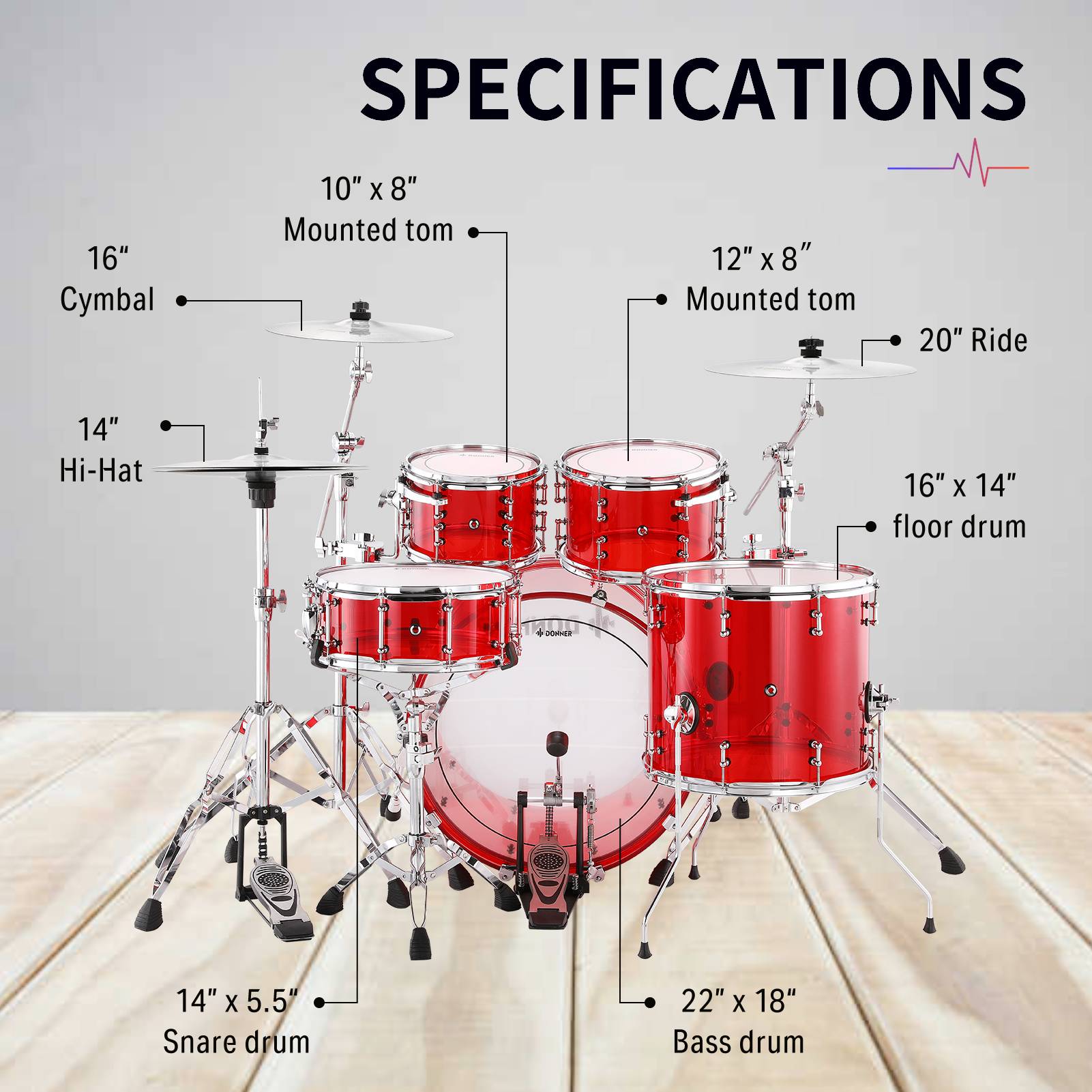 Donner DDS-1000 22-inch Crystal 5-Piece Drum Set Acrylic Shell Pack