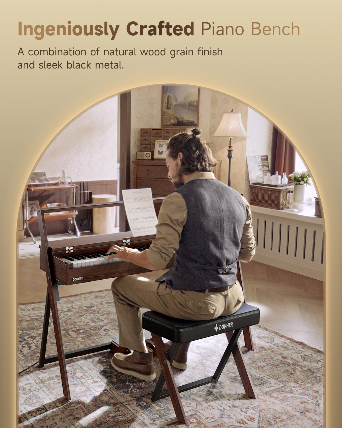 Donner DKB-300 Home Style Piano Bench-Walnut Wood color##