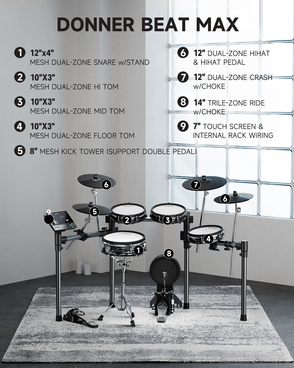BEAT MAX 9pcs Electronic Drum Set with Touch Screen for Pro Donner