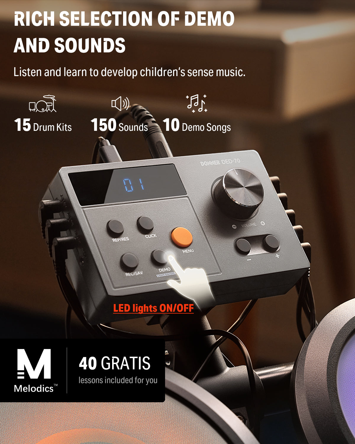 Donner DED-70R Electric Drum Set with LED Light, 150 Sounds, 15 Drum Kits, Type-C Charging, with Throne, Headphones, Gray