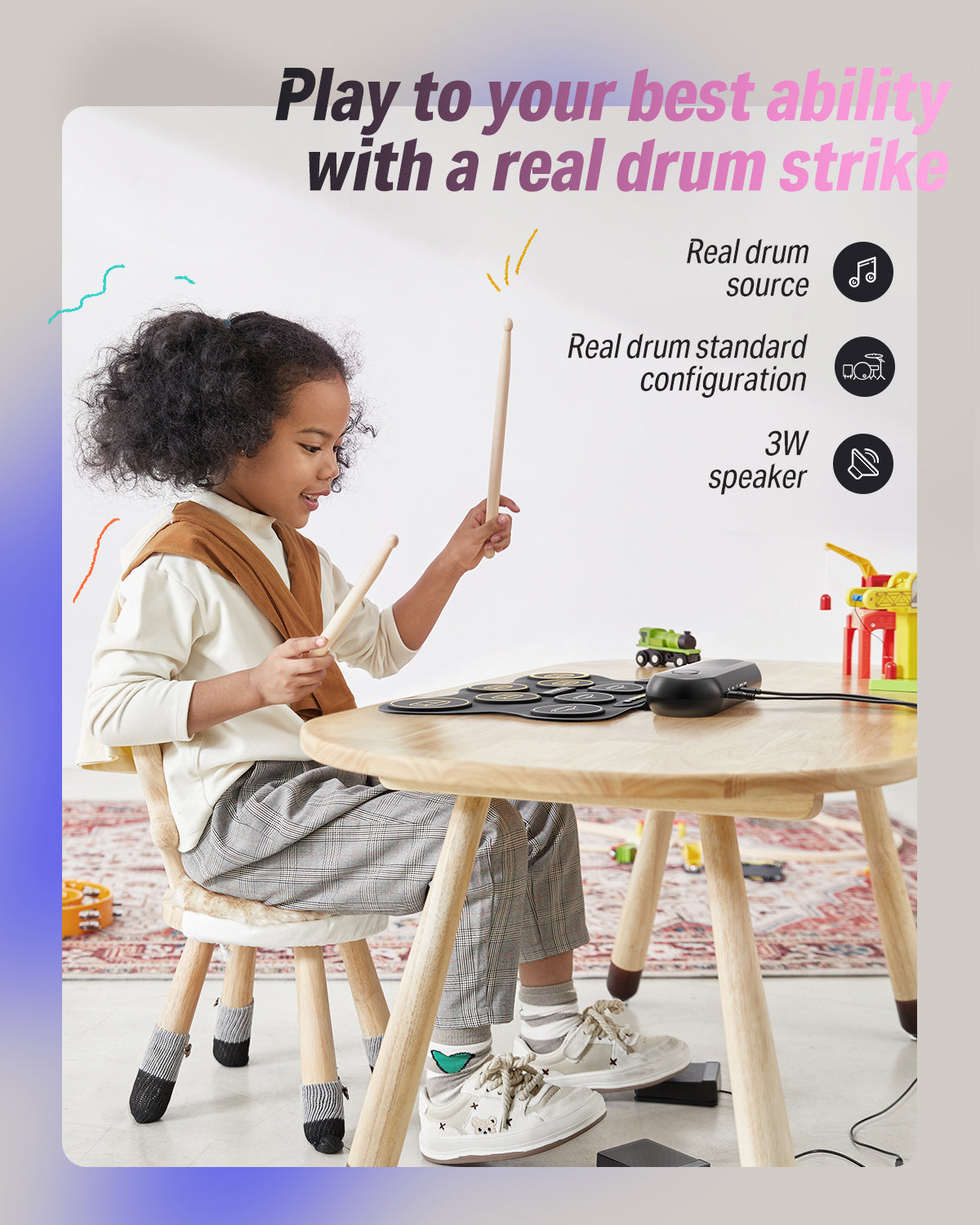 Donner Electric Drum Set for Kids, 9 Pads Roll-Up Electronic Drum, DED-20Q
3W Built-in Speaker, Recording, 10 Demo Songs, 10 Rhythms, 16 Speed Grades, 0.48KG Lightweight, Portable, Type-C Port