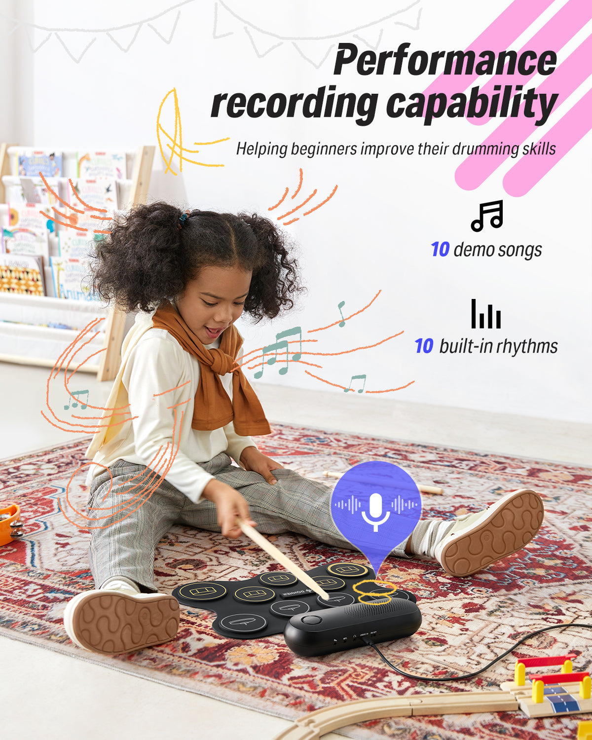 Donner Electric Drum Set for Kids, 9 Pads Roll-Up Electronic Drum, DED-20Q
3W Built-in Speaker, Recording, 10 Demo Songs, 10 Rhythms, 16 Speed Grades, 0.48KG Lightweight, Portable, Type-C Port